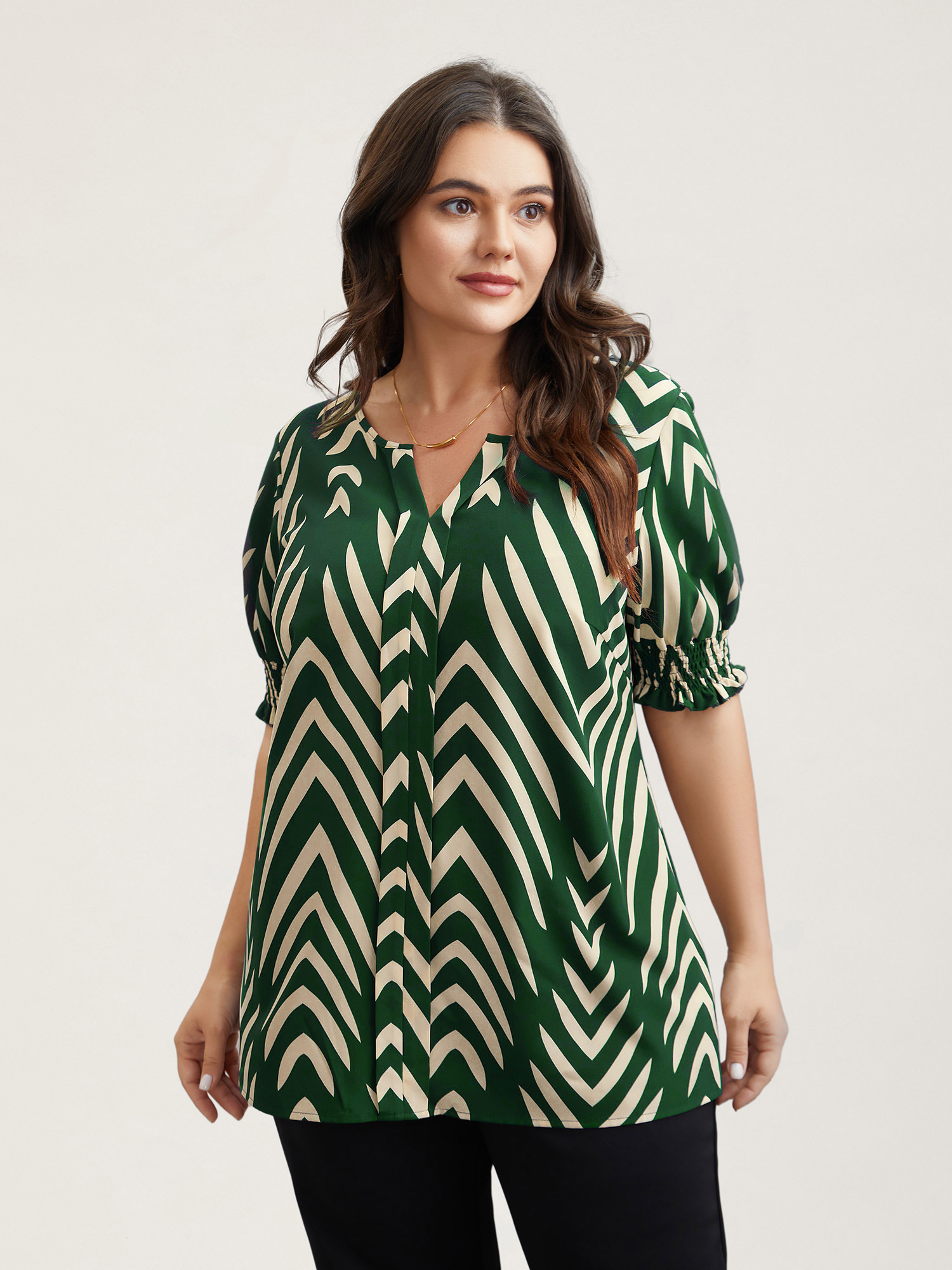 Plus Size DarkGreen Geometric Print Ruffled Shirred Shirt Women At the Office Half Sleeve Flat collar with V-notch Work Blouses BloomChic 22-24/3X 