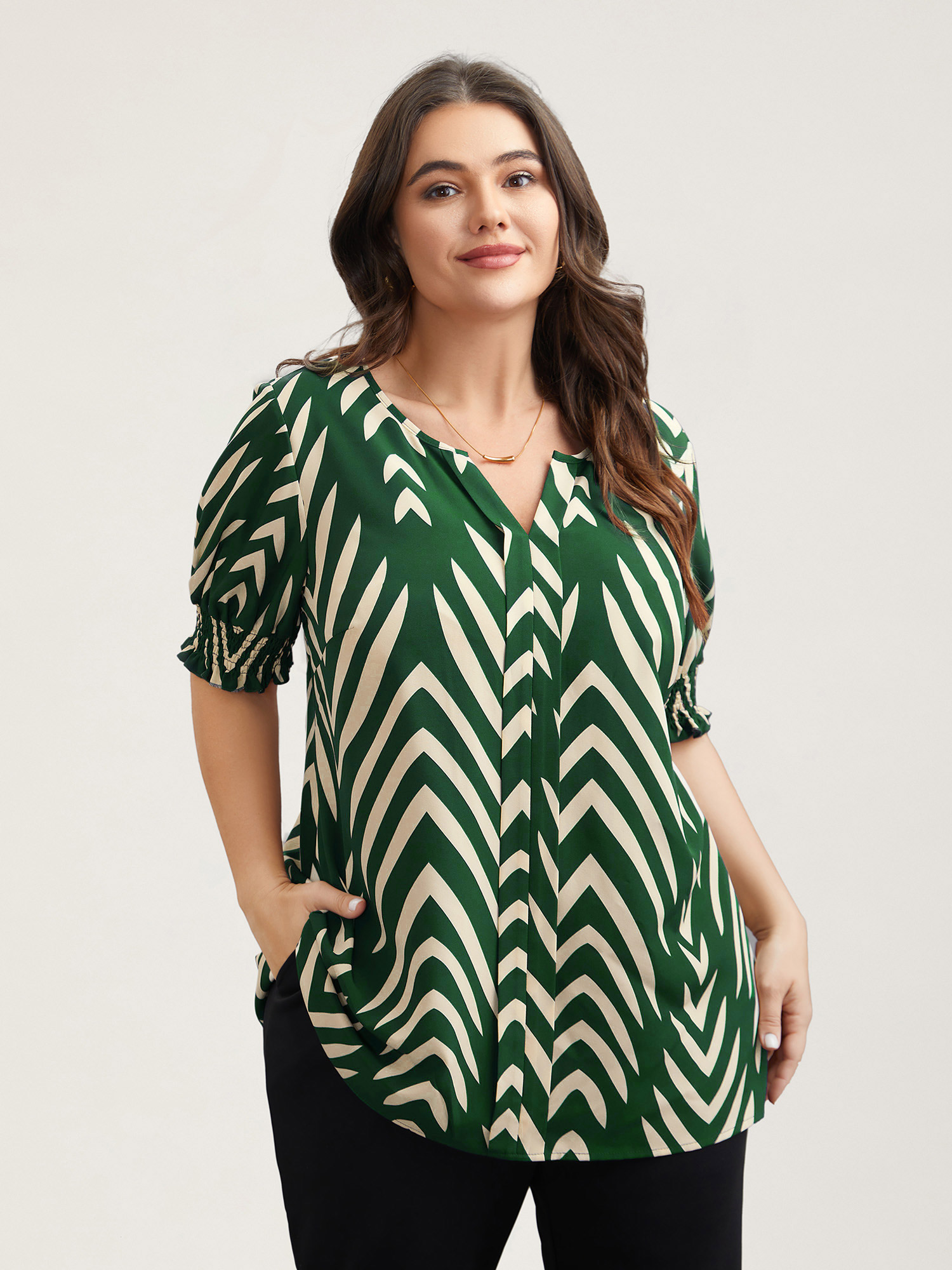 Plus Size DarkGreen Geometric Print Ruffled Shirred Shirt Women At the Office Half Sleeve Flat collar with V-notch Work Blouses BloomChic 22-24/3X 