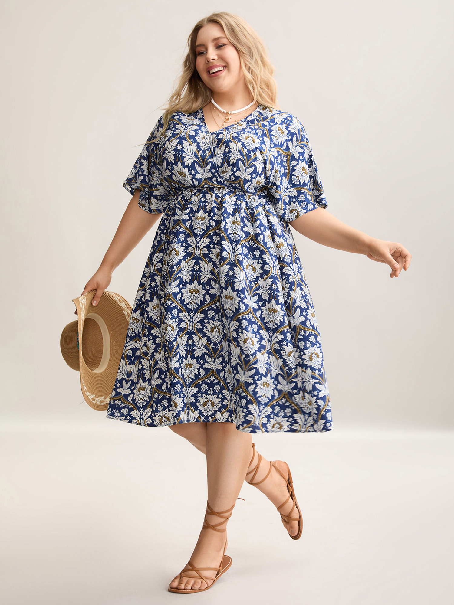 

Plus Size Boho Print Shirred Surplice Neck Midi Dress DarkBlue Women Resort Non Overlap Collar Half Sleeve Curvy BloomChic