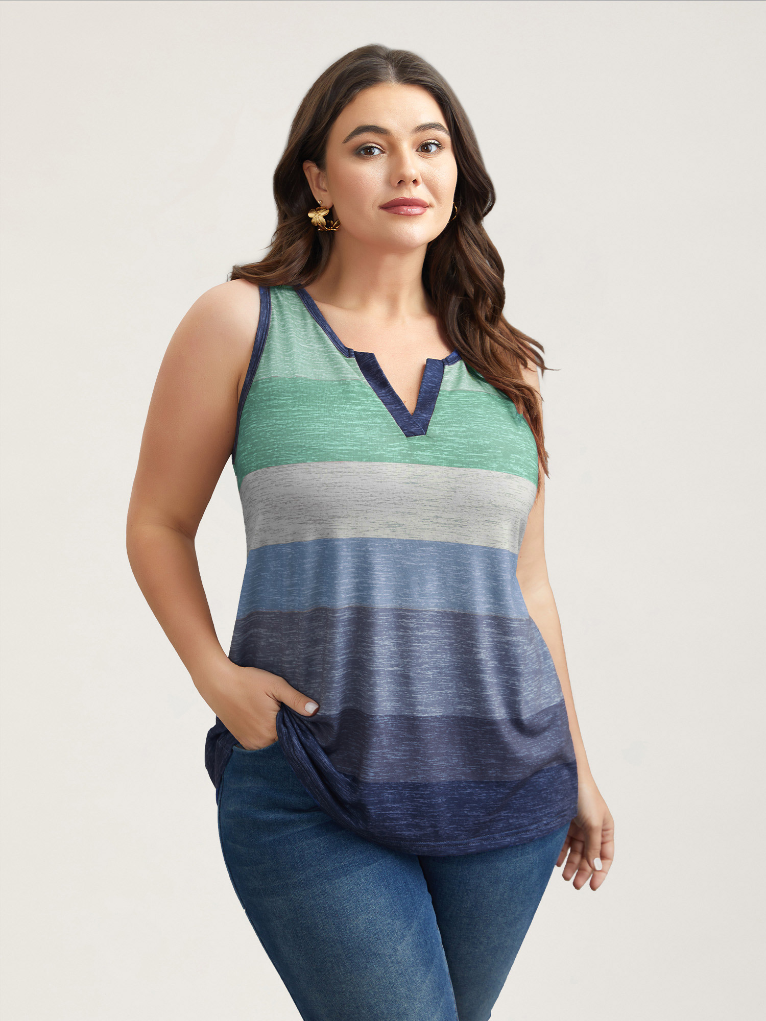 

Plus Size Multi-Color Stripes Off-Sleeves Vest Women Emerald Elegant Contrast Notched collar Everyday Tank Tops Camis BloomChic