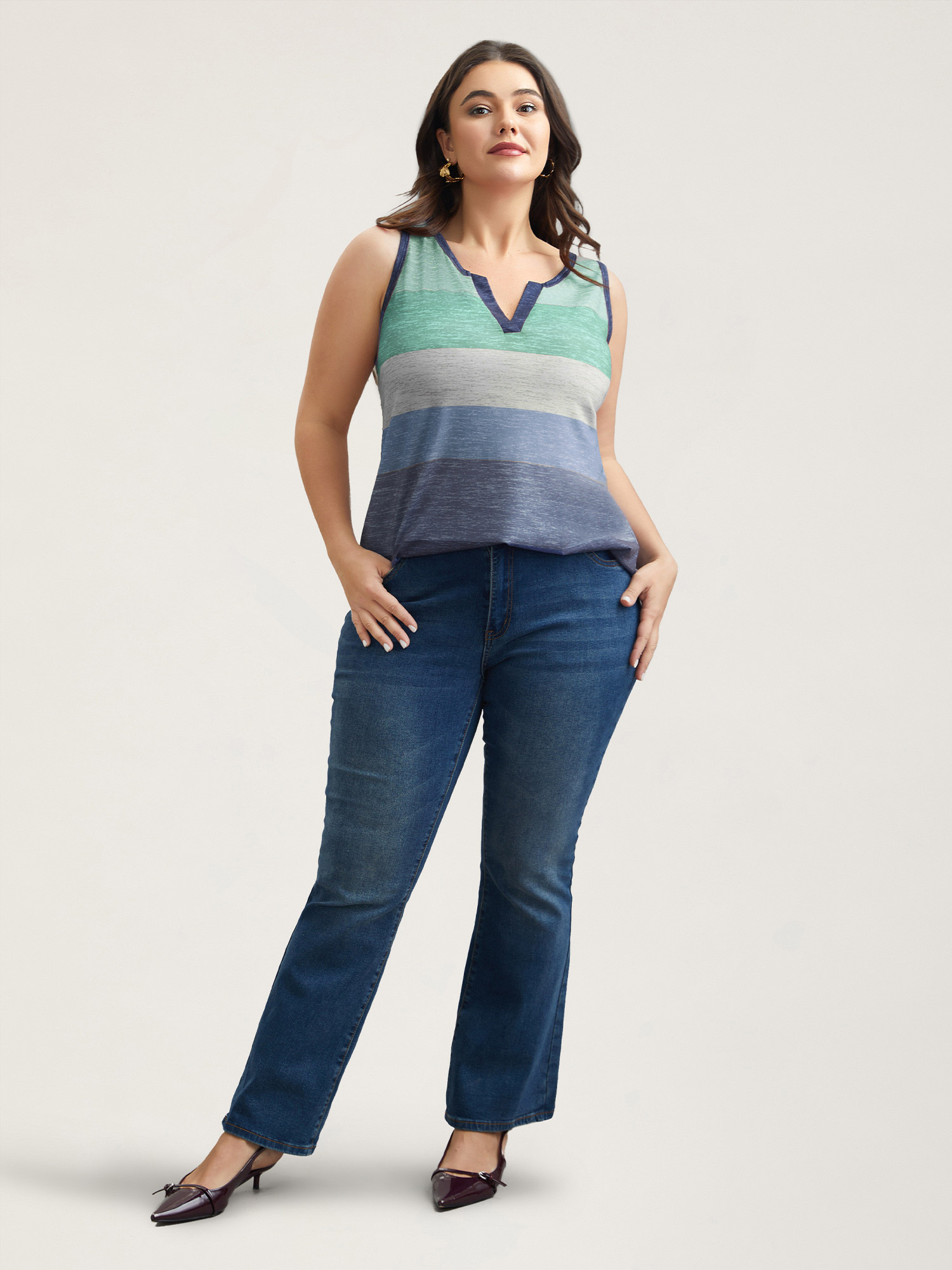 Plus Size Multi-Color Stripes Off-Sleeves Vest Women Emerald Elegant Contrast Notched collar Everyday Tank Tops Camis BloomChic 28/5X 