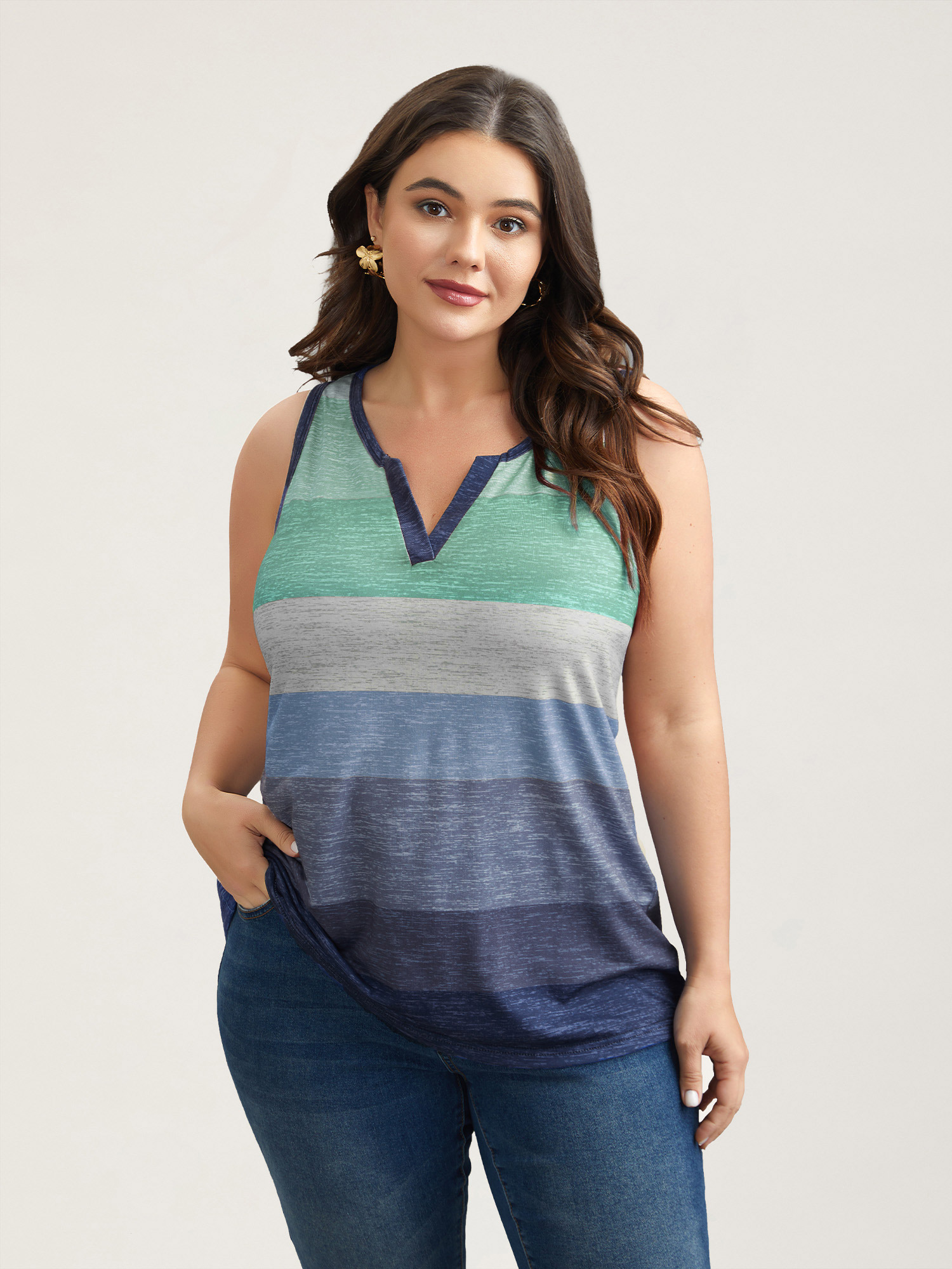 Plus Size Multi-Color Stripes Off-Sleeves Vest Women Emerald Elegant Contrast Notched collar Everyday Tank Tops Camis BloomChic 28/5X 