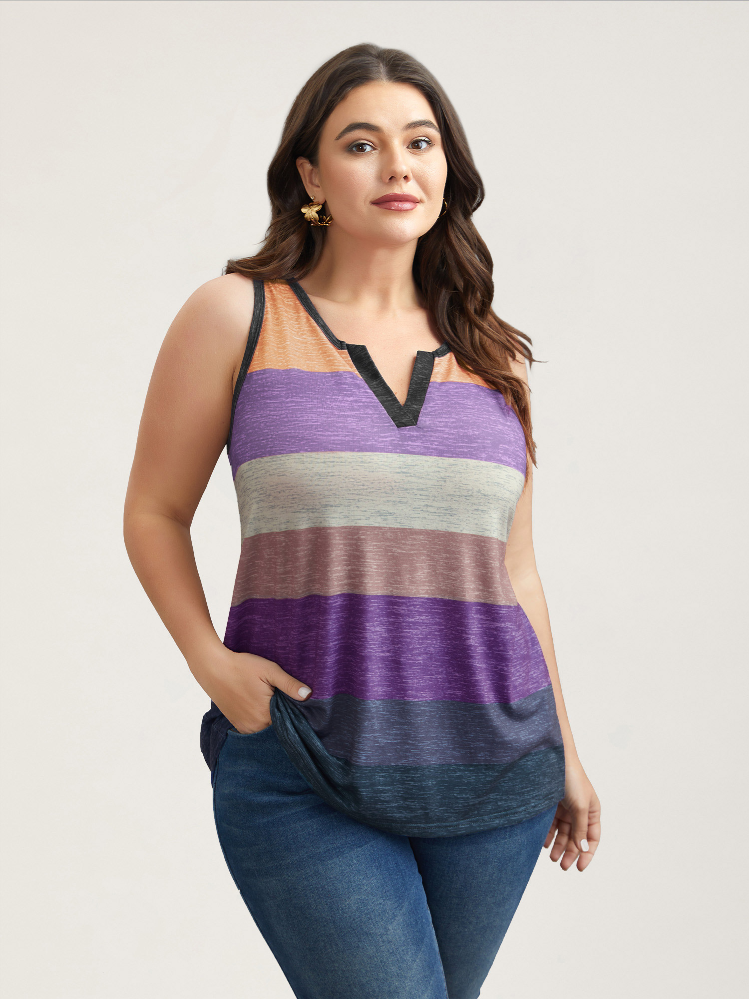 

Plus Size Multi-Color Stripes Off-Sleeves Vest Women Lilac Elegant Contrast Notched collar Everyday Tank Tops Camis BloomChic