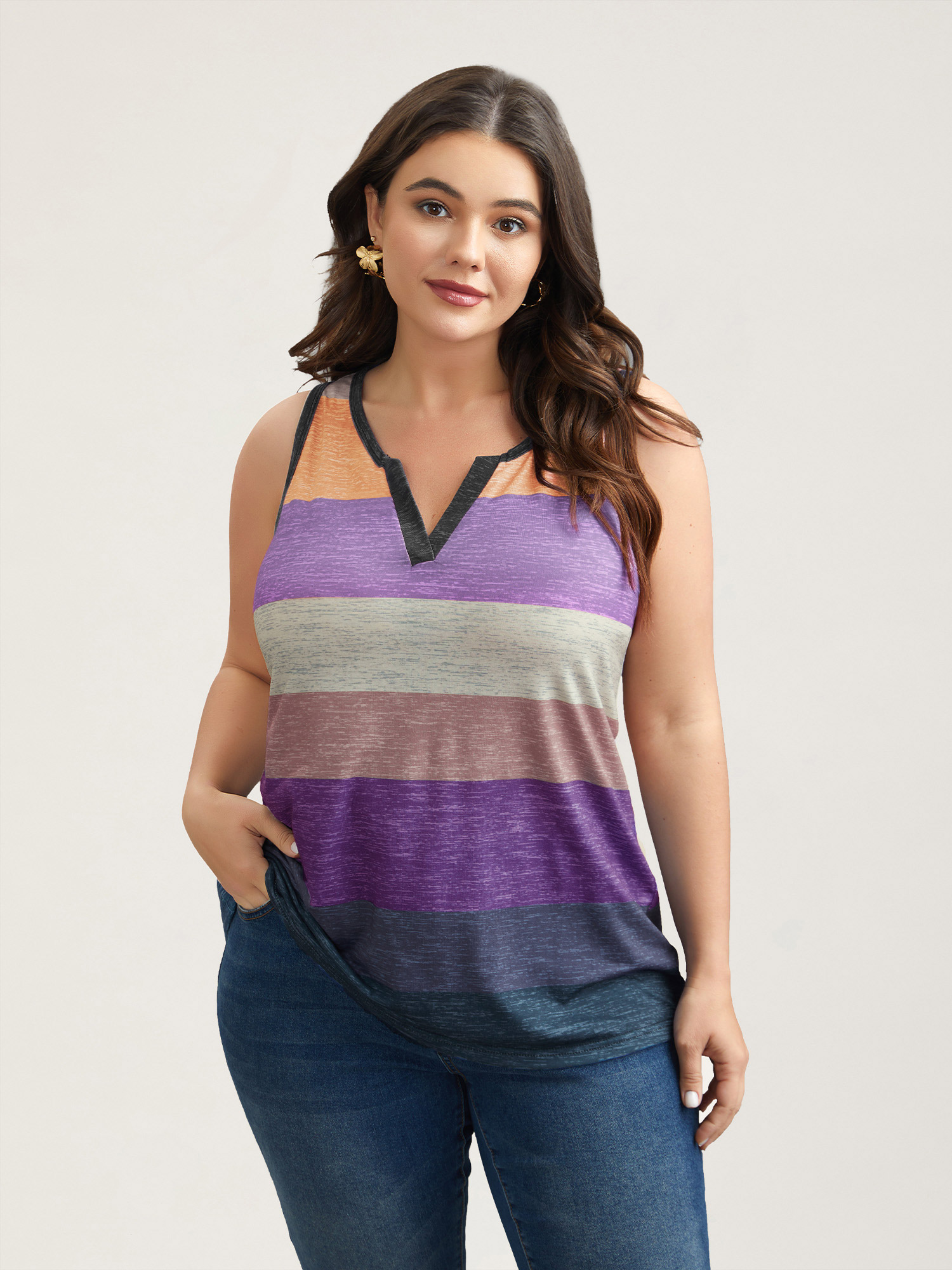 Plus Size Multi-Color Stripes Off-Sleeves Vest Women Lilac Elegant Contrast Notched collar Everyday Tank Tops Camis BloomChic 30/6X 