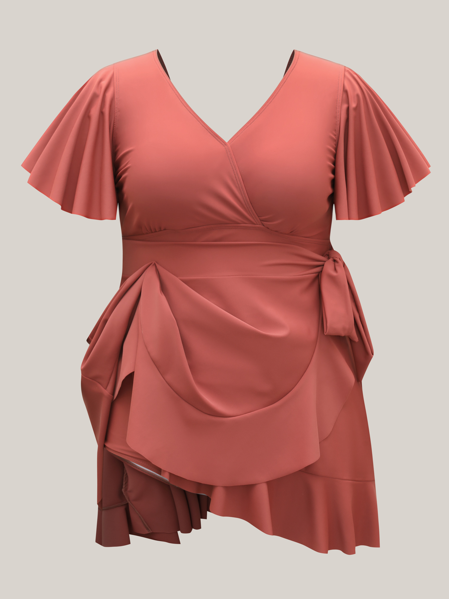 

Plus Size Side Tie Ruffled Tiered Swim Dress Women's Swimwear Rust Beach Bodycon Overlap Collar High stretch Curve Swim Dresses BloomChic