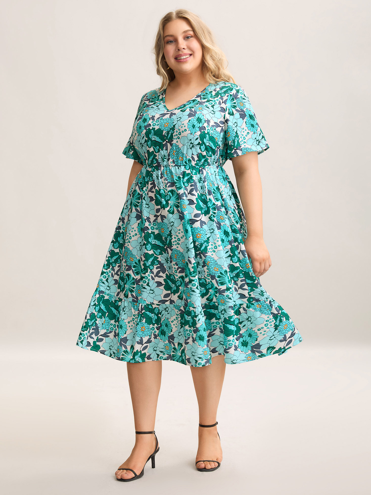 

Plus Size Floral Print V-Neck Pockets Midi Dress Arctic Women Elegant Non V-neck Short sleeve Curvy BloomChic