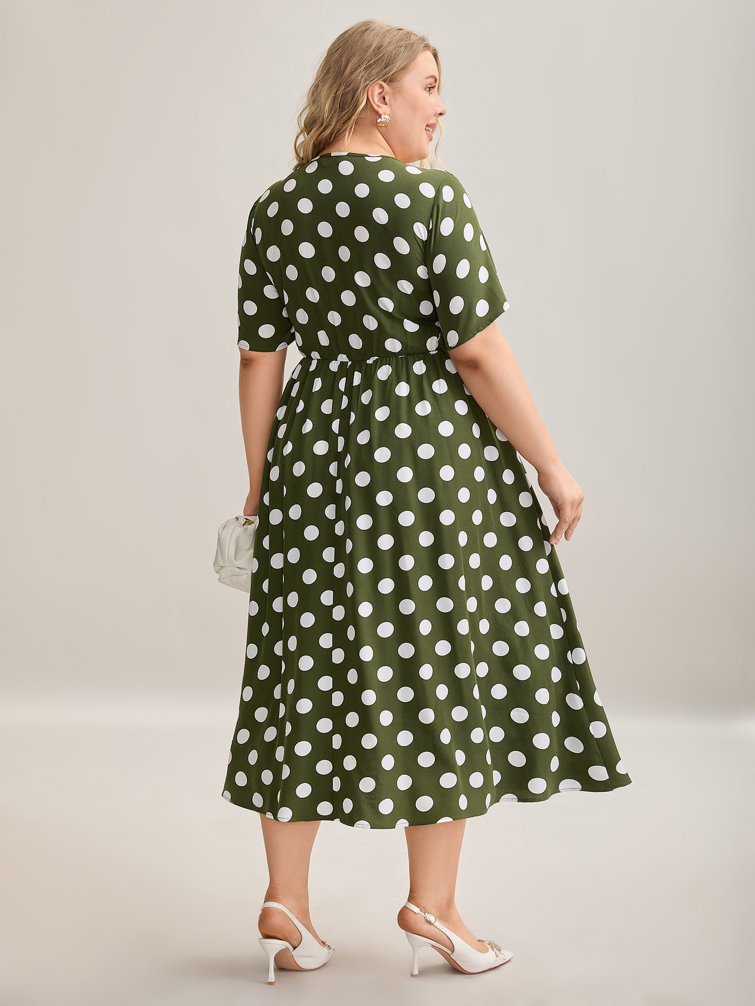 

Plus Size Polka Dot Print Pockets Shirred Maxi Dress ArmyGreen Women At the Office Shirred Round Neck Short sleeve Curvy BloomChic