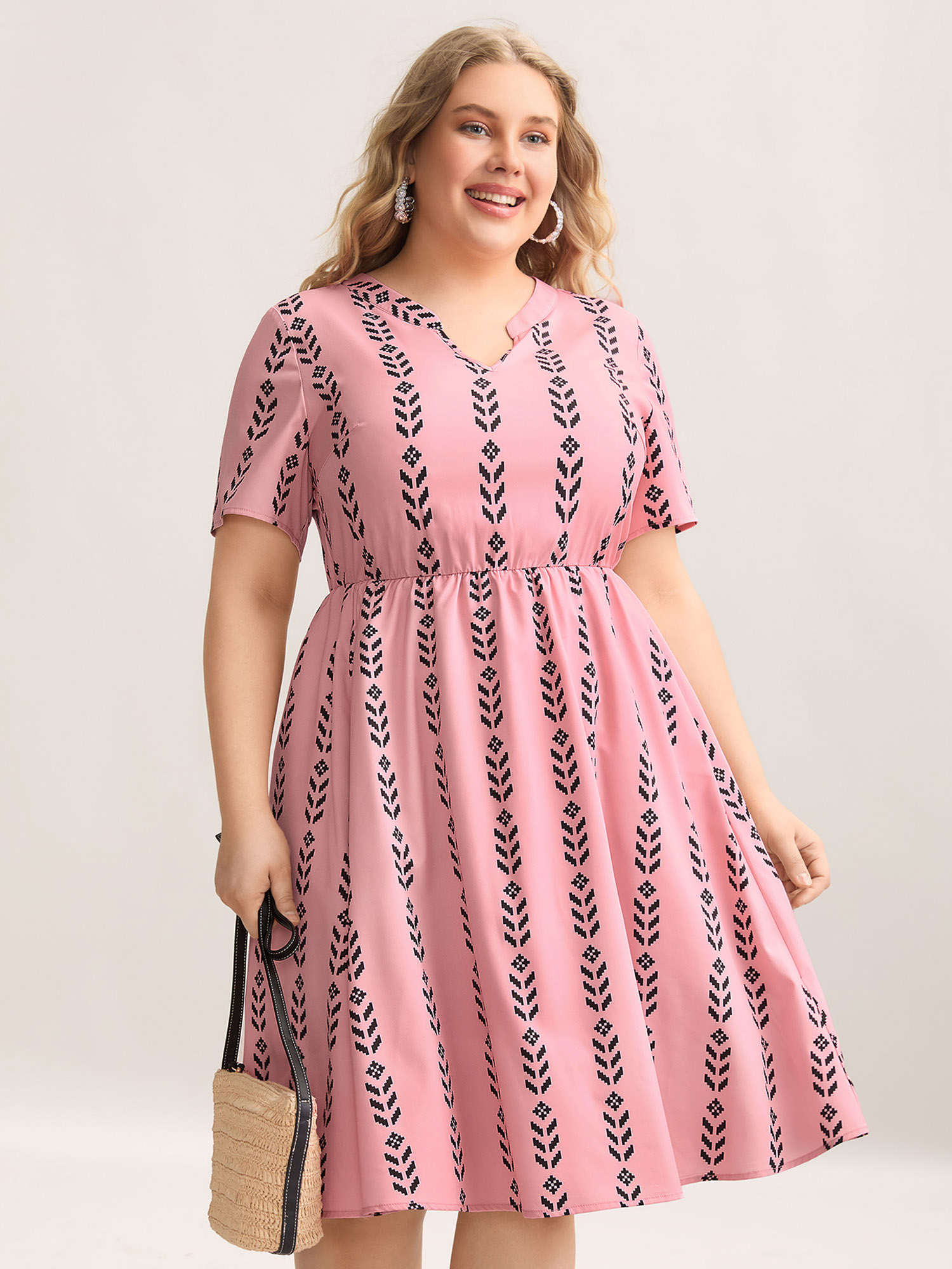 

Plus Size Boho Striped Split Neck Midi Dress Blush Women Resort Non Flat collar with V-notch Short sleeve Curvy BloomChic