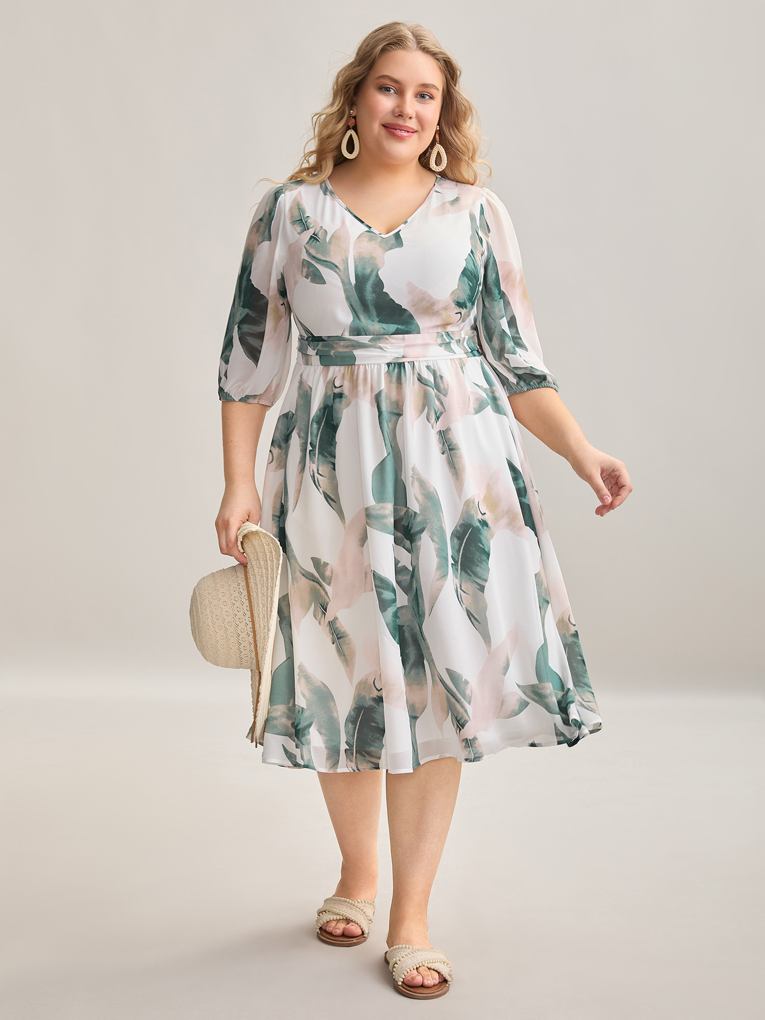 

Plus Size Sheer Chiffon Shirred Pockets Midi Dress Malachitegreen Women Resort Gathered V-neck Elbow-length sleeve Curvy BloomChic