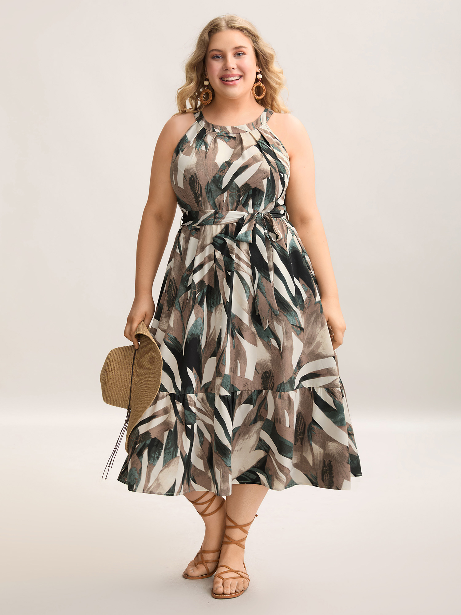 

Plus Size Leaf Print Halter Neck Tiered Midi Dress DarkGreen Women Resort Belted Round Neck Sleeveless Curvy BloomChic