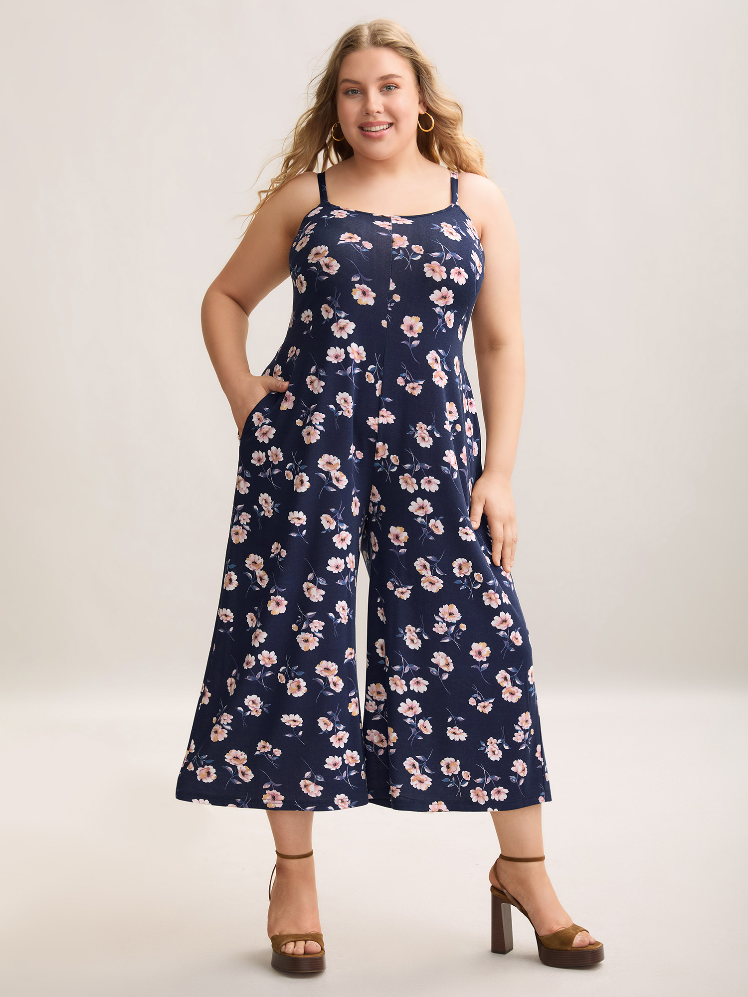 

Plus Size DarkBlue Floral Print Adjustable Stretchy Pockets Jumpsuit Women Elegant Sleeveless Non Everyday Loose Jumpsuits BloomChic