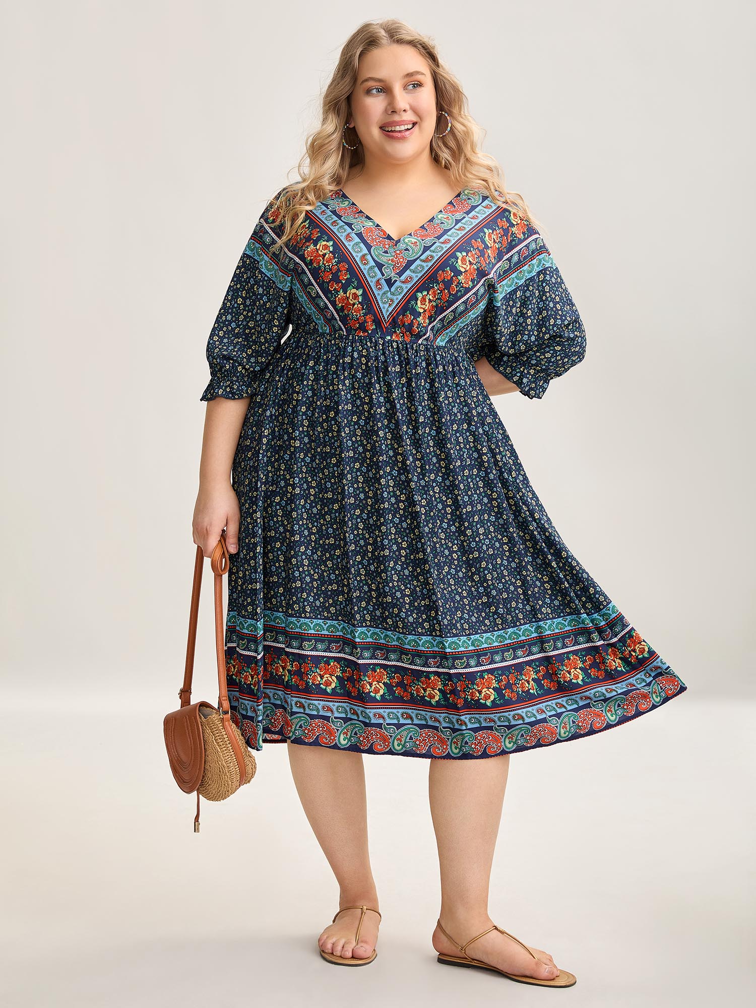 

Plus Size Rayon Backless Pockets Midi Dress Indigo Women Resort Tie knot V-neck Elbow-length sleeve Curvy BloomChic