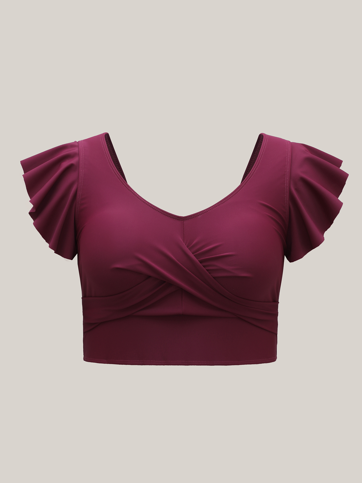 Plus Size Twist-Front Flutter Sleeve Swim Top Women`s Swimwear Plum Beach High stretch Skinny U-neck Curve Swim Tops BloomChic 14-16/1X 