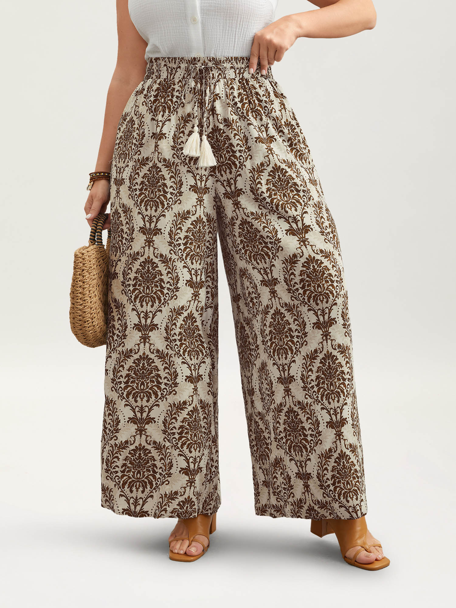 

Plus Size Damask Print Tassel Straight-Leg Pants Women Browncoffeecolor Resort Wide Leg Mid Rise Vacation Pants BloomChic