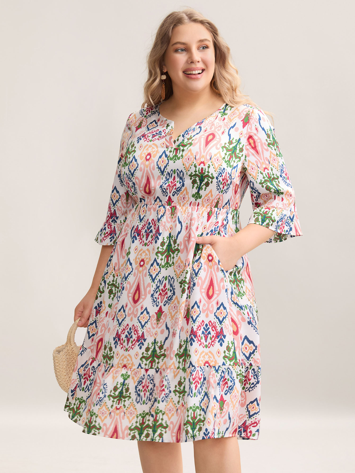 

Plus Size Geometric Color Block Split Neck Midi Dress Multicolor Women Resort Ruffles Flat collar with V-notch Elbow-length sleeve Curvy BloomChic