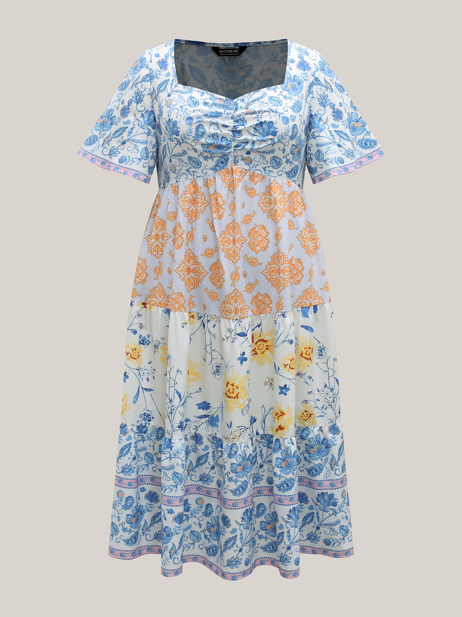Plus Size Contrast Print Ruched Tiered Midi Dress Multicolor Women Resort Gathered Heart neckline Short sleeve Curvy BloomChic 14-16/1X 
