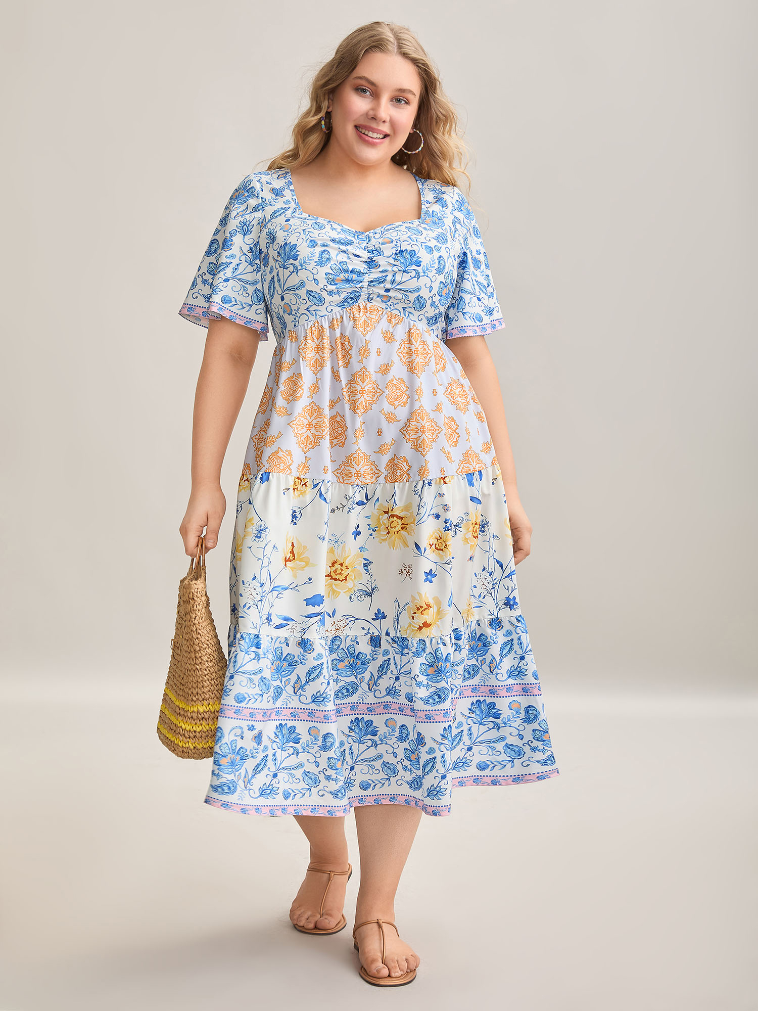 Plus Size Contrast Print Ruched Tiered Midi Dress Multicolor Women Resort Gathered Heart neckline Short sleeve Curvy BloomChic 14-16/1X 