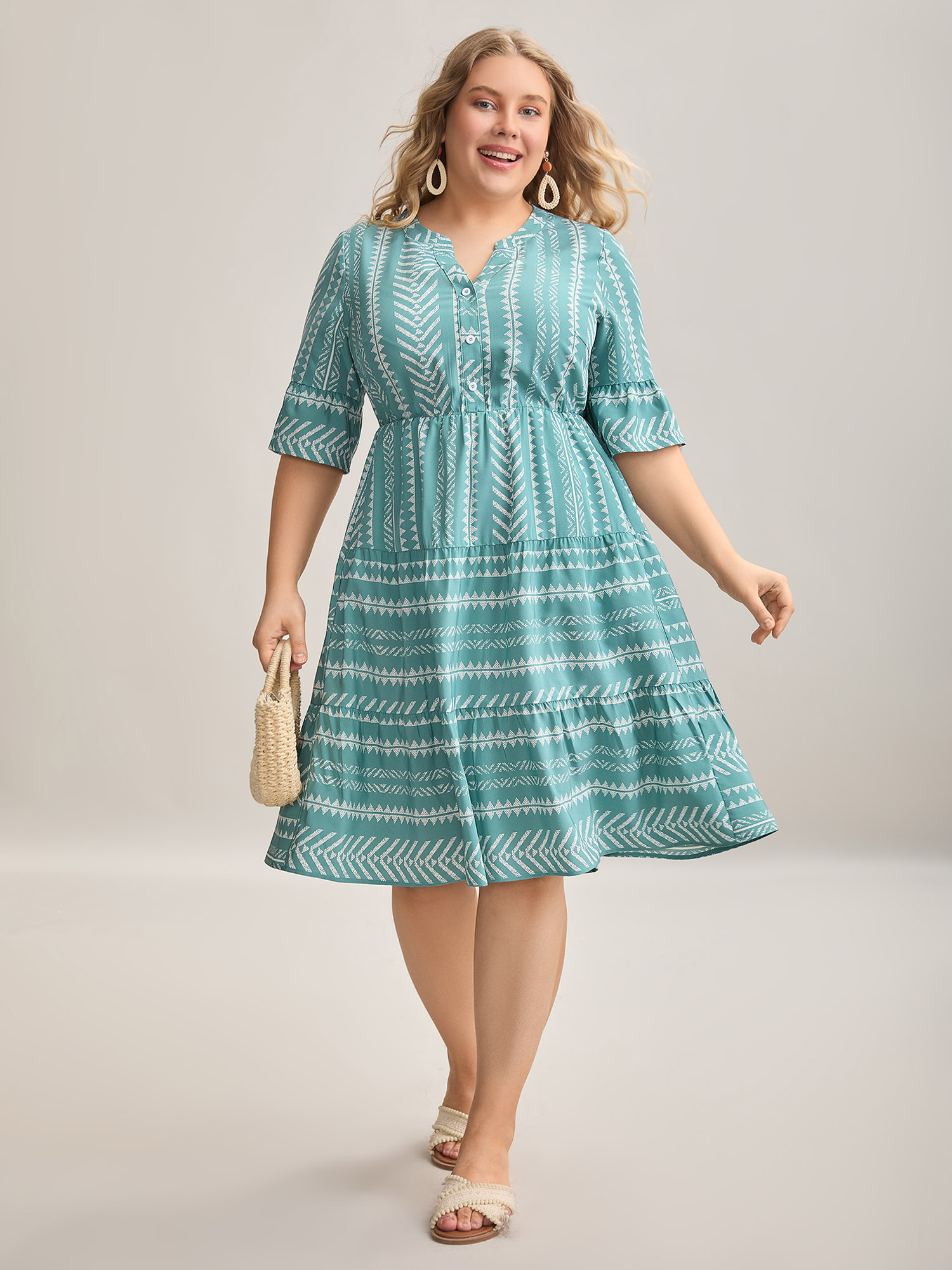 

Plus Size Boho Stripe Print Stretchy Waist Midi Dress Turquoise Women Resort Button Flat collar with V-notch Half Sleeve Curvy BloomChic