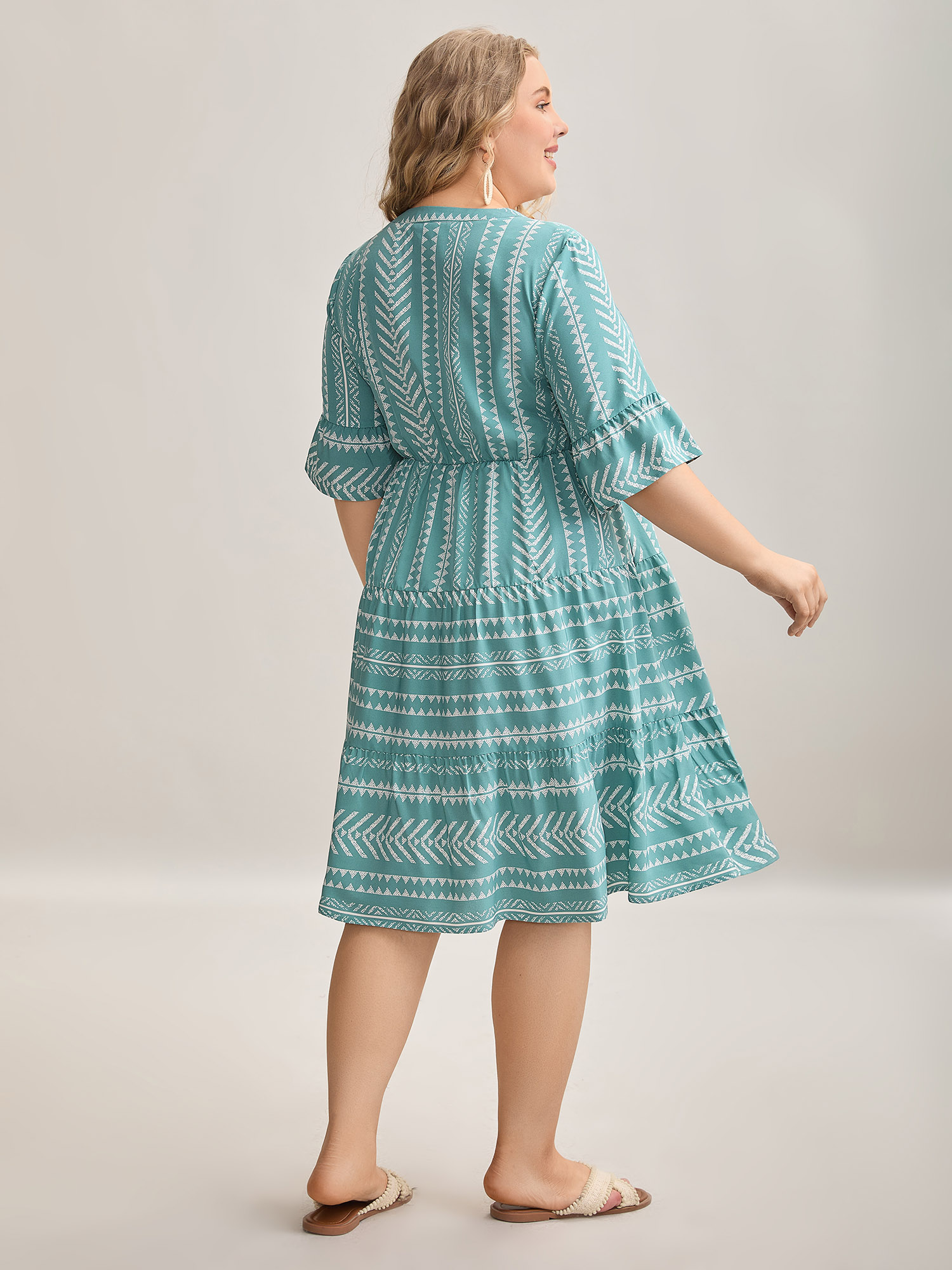 Plus Size Boho Stripe Print Stretchy Waist Midi Dress Turquoise Women Resort Button Flat collar with V-notch Half Sleeve Curvy BloomChic 22-24/3X 