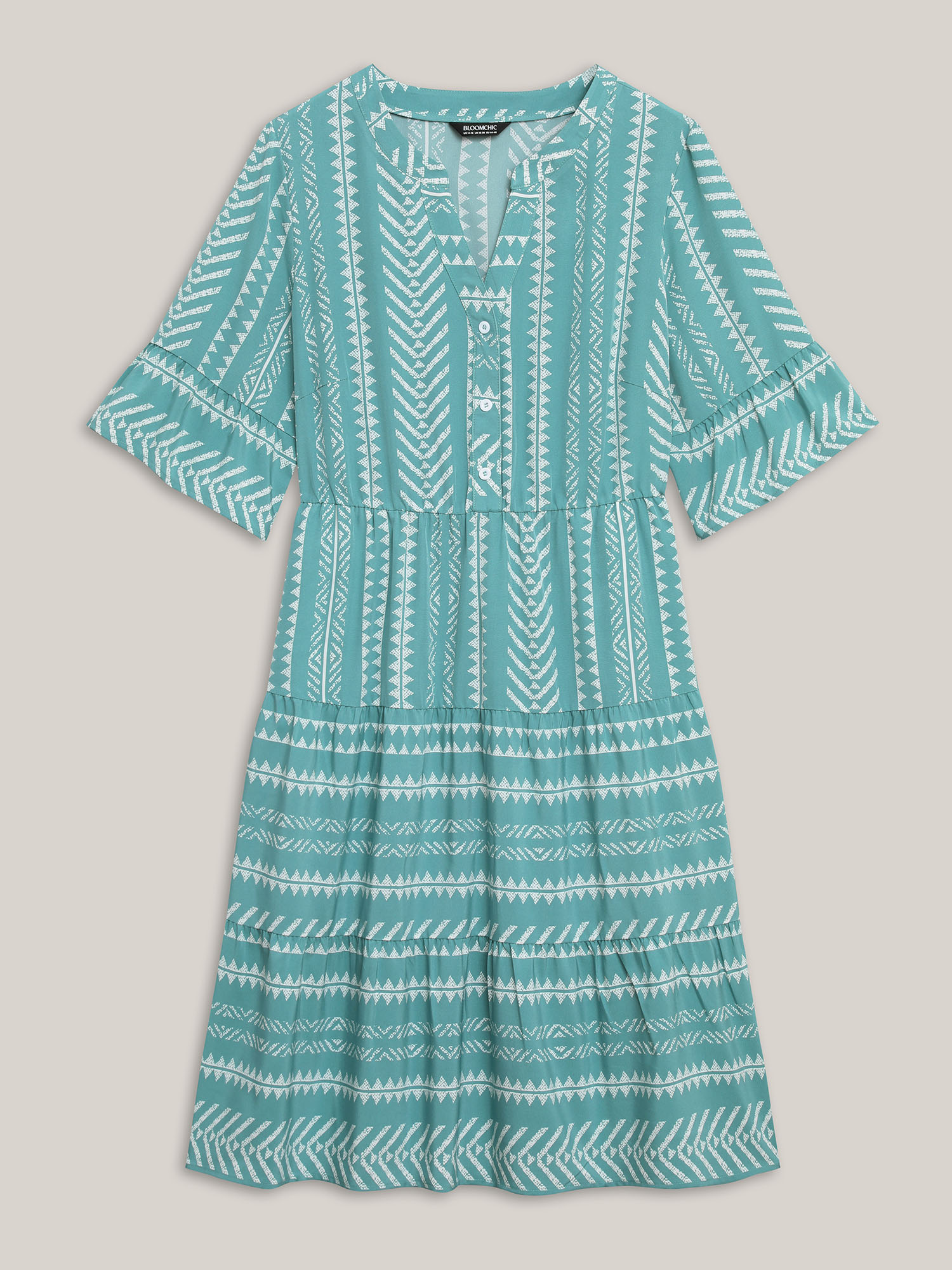 Plus Size Boho Stripe Print Stretchy Waist Midi Dress Turquoise Women Resort Button Flat collar with V-notch Half Sleeve Curvy BloomChic 22-24/3X 