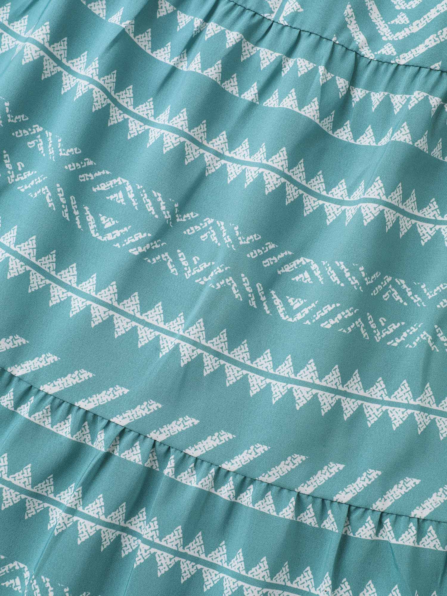 Plus Size Boho Stripe Print Stretchy Waist Midi Dress Turquoise Women Resort Button Flat collar with V-notch Half Sleeve Curvy BloomChic 22-24/3X 