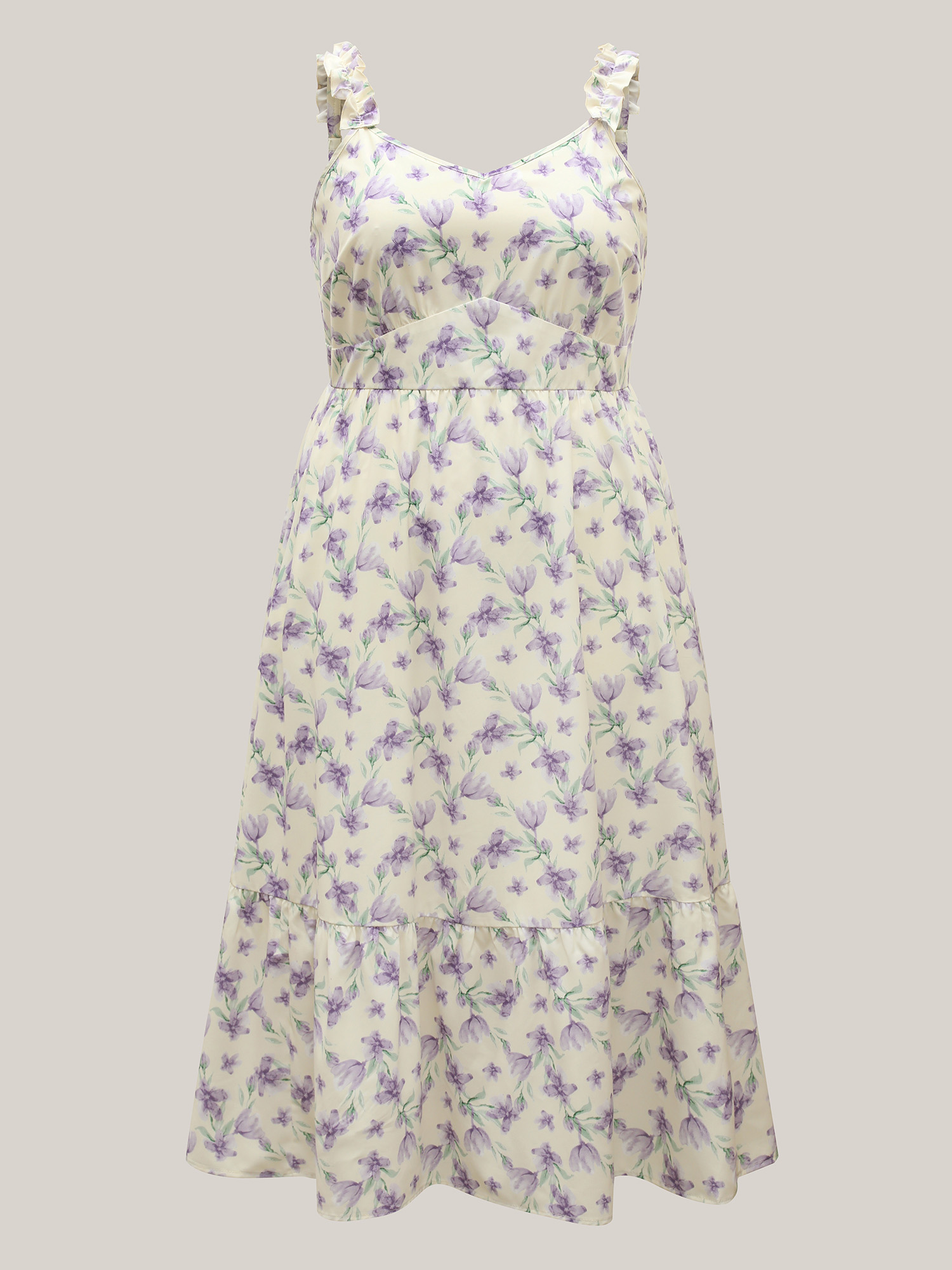Plus Size Vine Floral Pockets Stretchy Waist Midi Dress Lightyellow Women Elegant Gathered V-neck Sleeveless Curvy BloomChic 10/M 