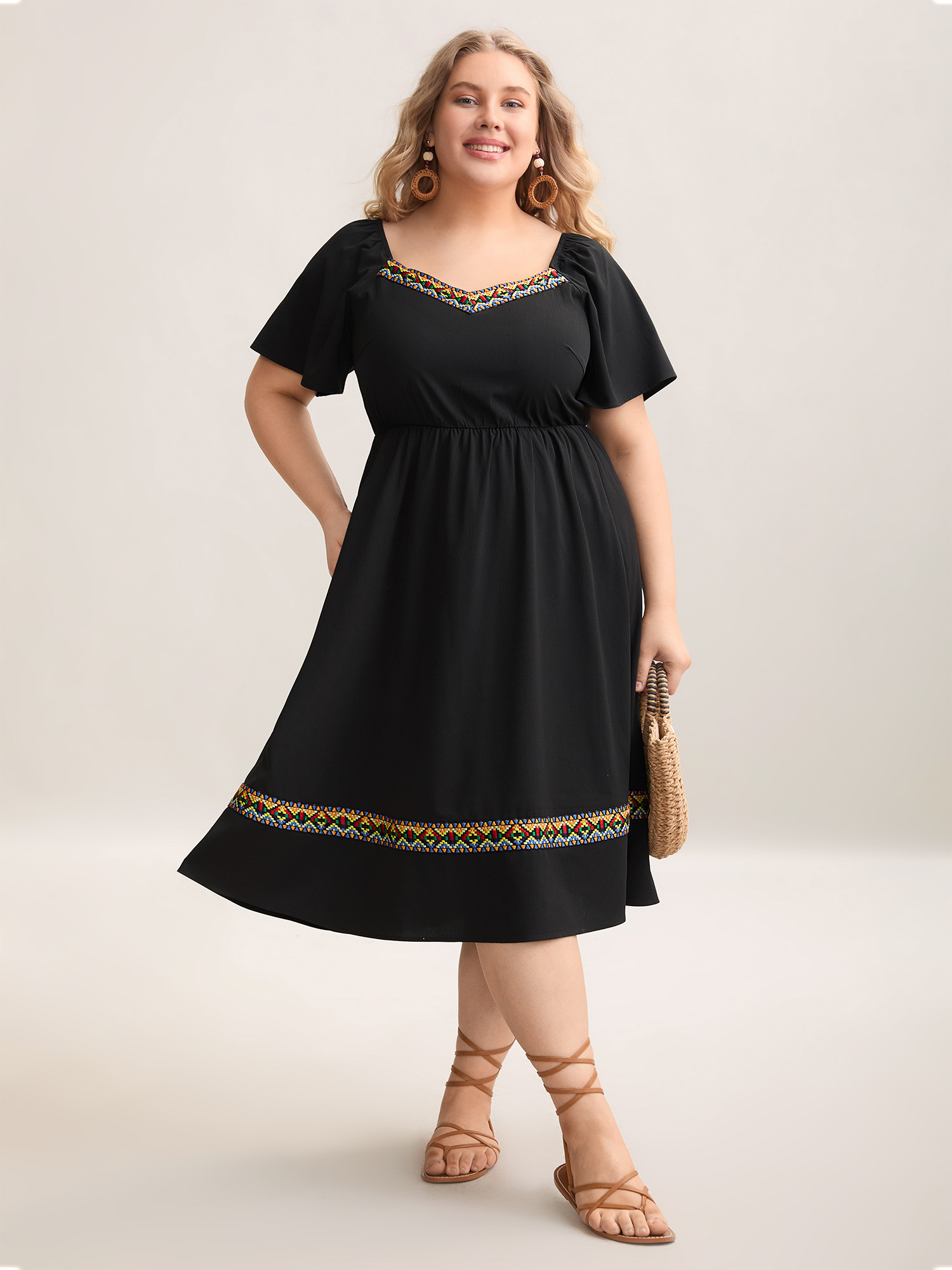 

Plus Size Textured Stretchy Waist Pockets Midi Dress Black Women Resort Woven ribbon&lace trim Heart neckline Short sleeve Curvy BloomChic