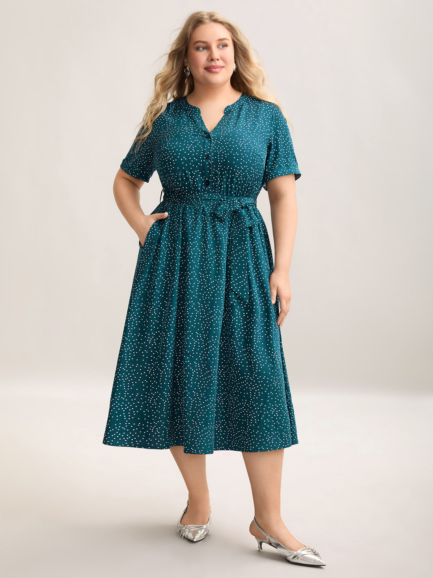 

Plus Size Stretchy Waist Tied Pockets Printed Midi Dress Cyan Women At the Office Belted Flat collar Short sleeve Curvy BloomChic