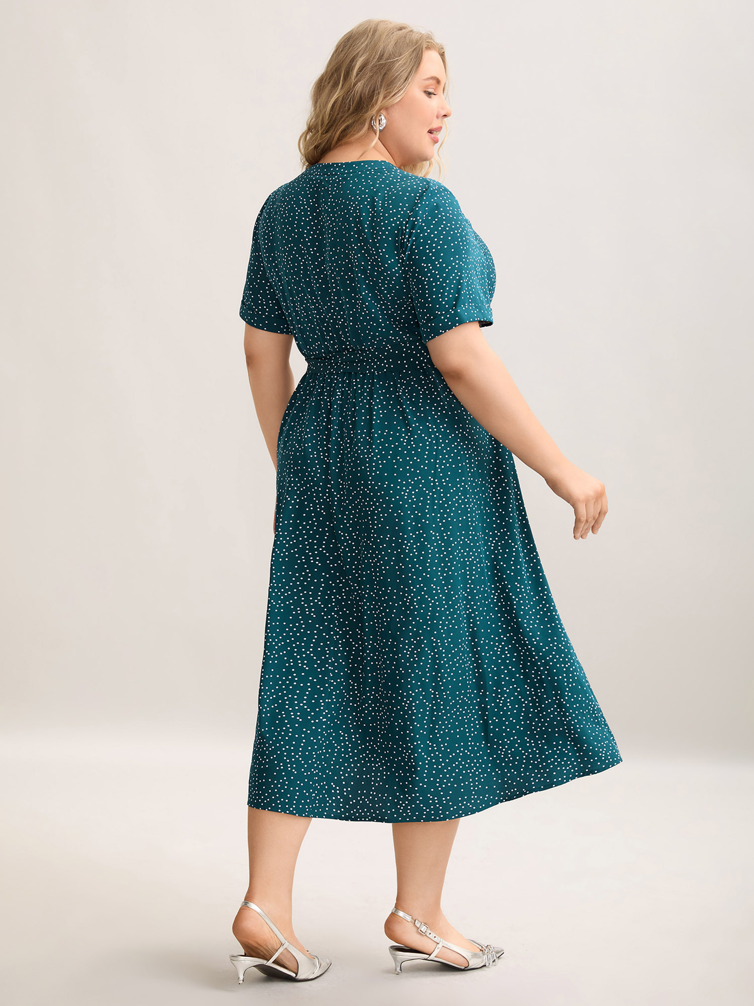 Plus Size Stretchy Waist Tied Pockets Printed Midi Dress Cyan Women At the Office Belted Flat collar Short sleeve Curvy BloomChic 10/M 