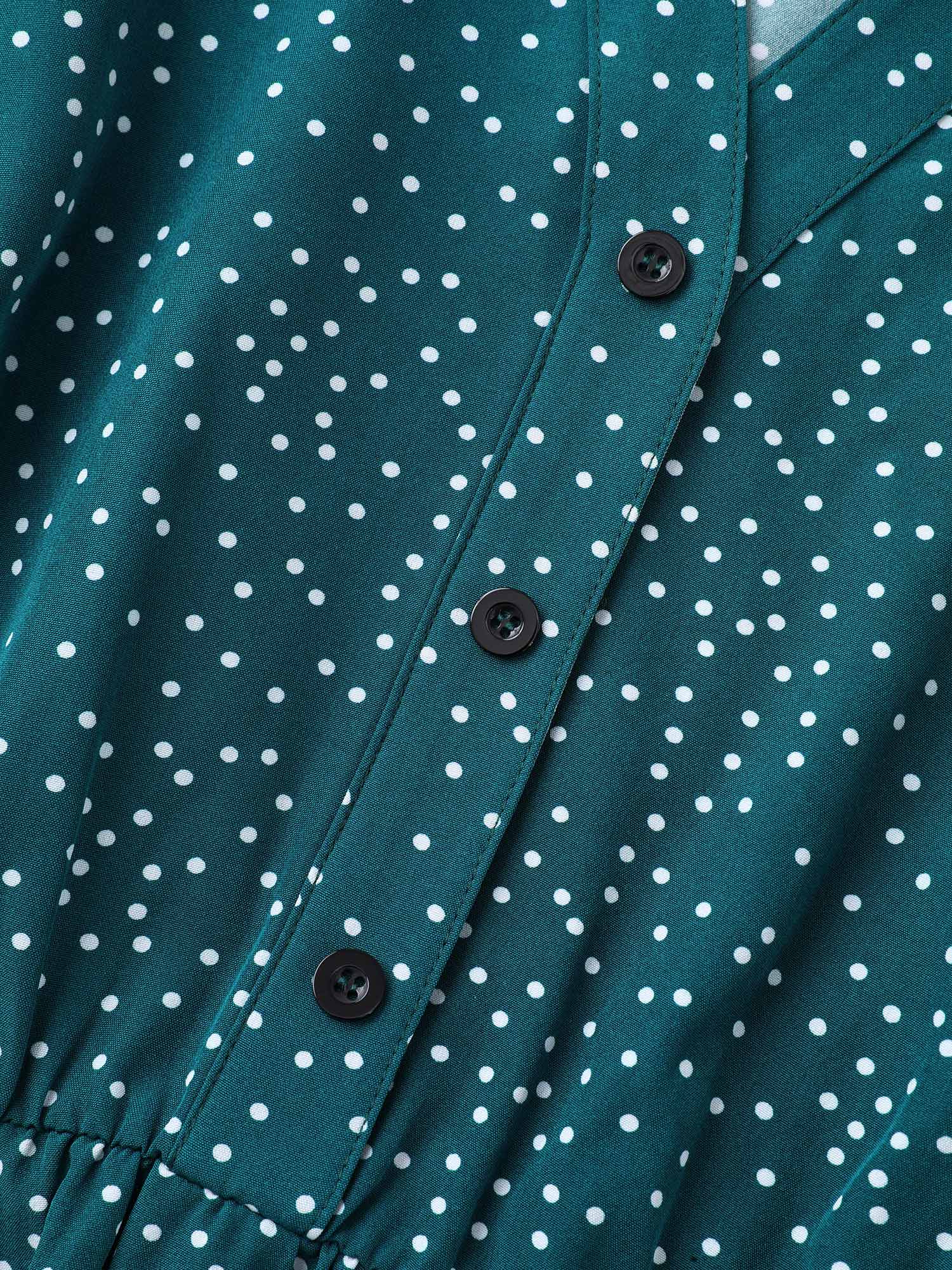 Plus Size Stretchy Waist Tied Pockets Printed Midi Dress Cyan Women At the Office Belted Flat collar Short sleeve Curvy BloomChic 10/M 