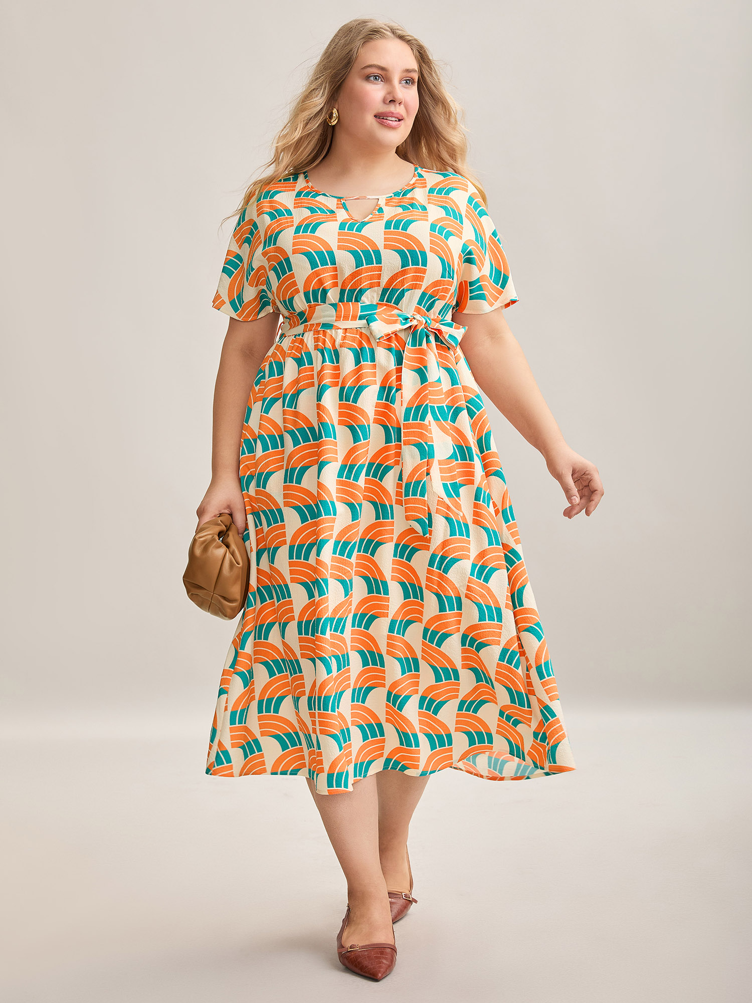 

Plus Size Geometric Pattern Stretchy Waist Pockets Midi Dress Multicolor Women At the Office Belted Notched collar Short sleeve Curvy BloomChic