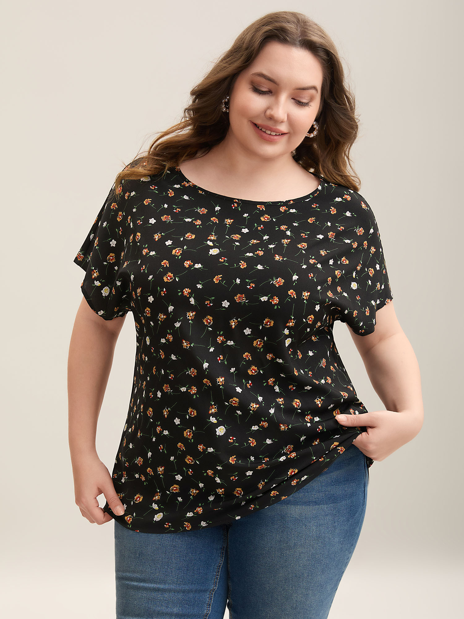 

Plus Size Black Floral Print Boatneck Half Sleeve Blouse Women Elegant Short sleeve Boat Neck Everyday Blouses BloomChic