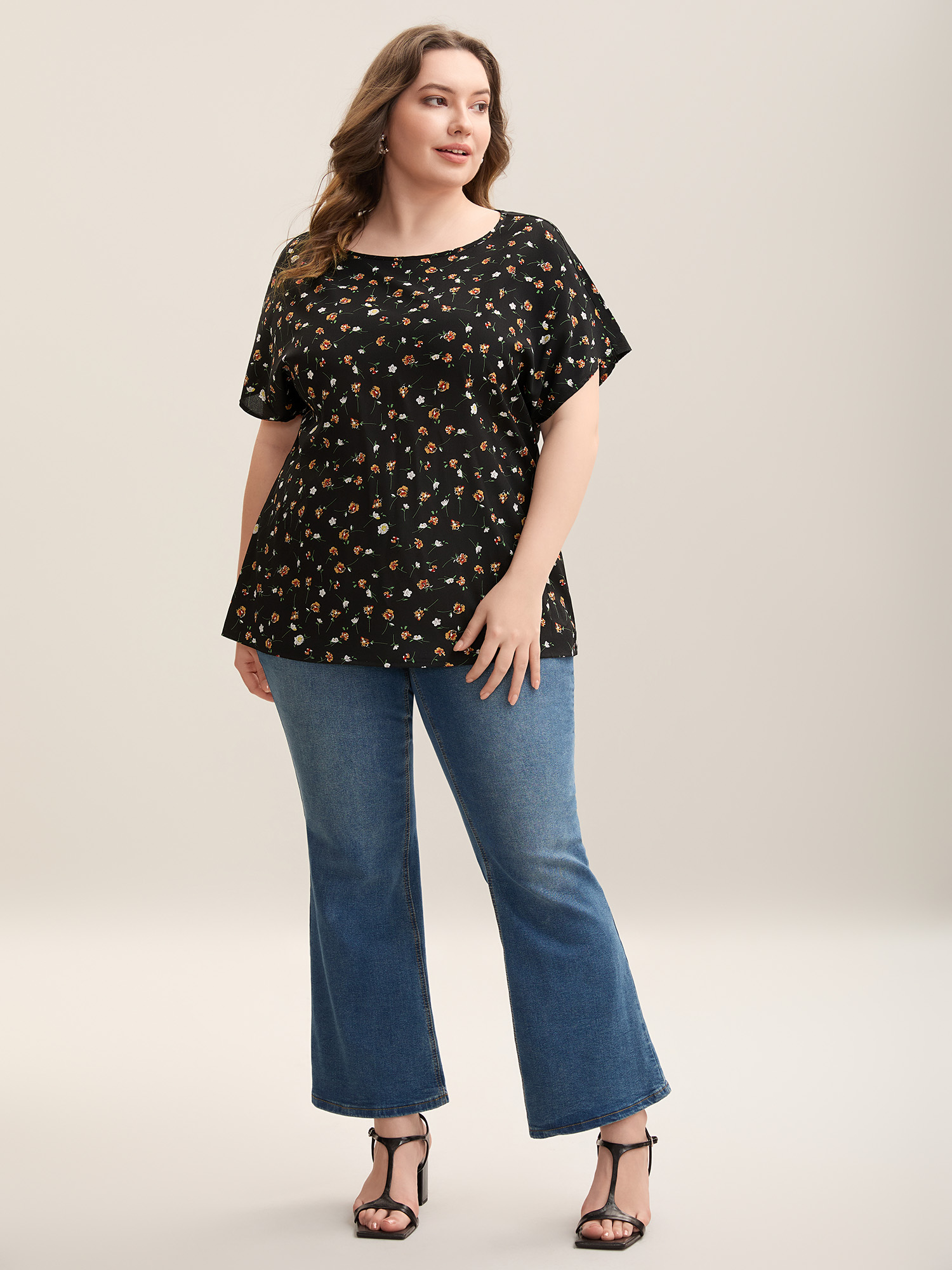 Plus Size Black Floral Print Boatneck Half Sleeve Blouse Women Elegant Short sleeve Boat Neck Everyday Blouses BloomChic 28/5X 