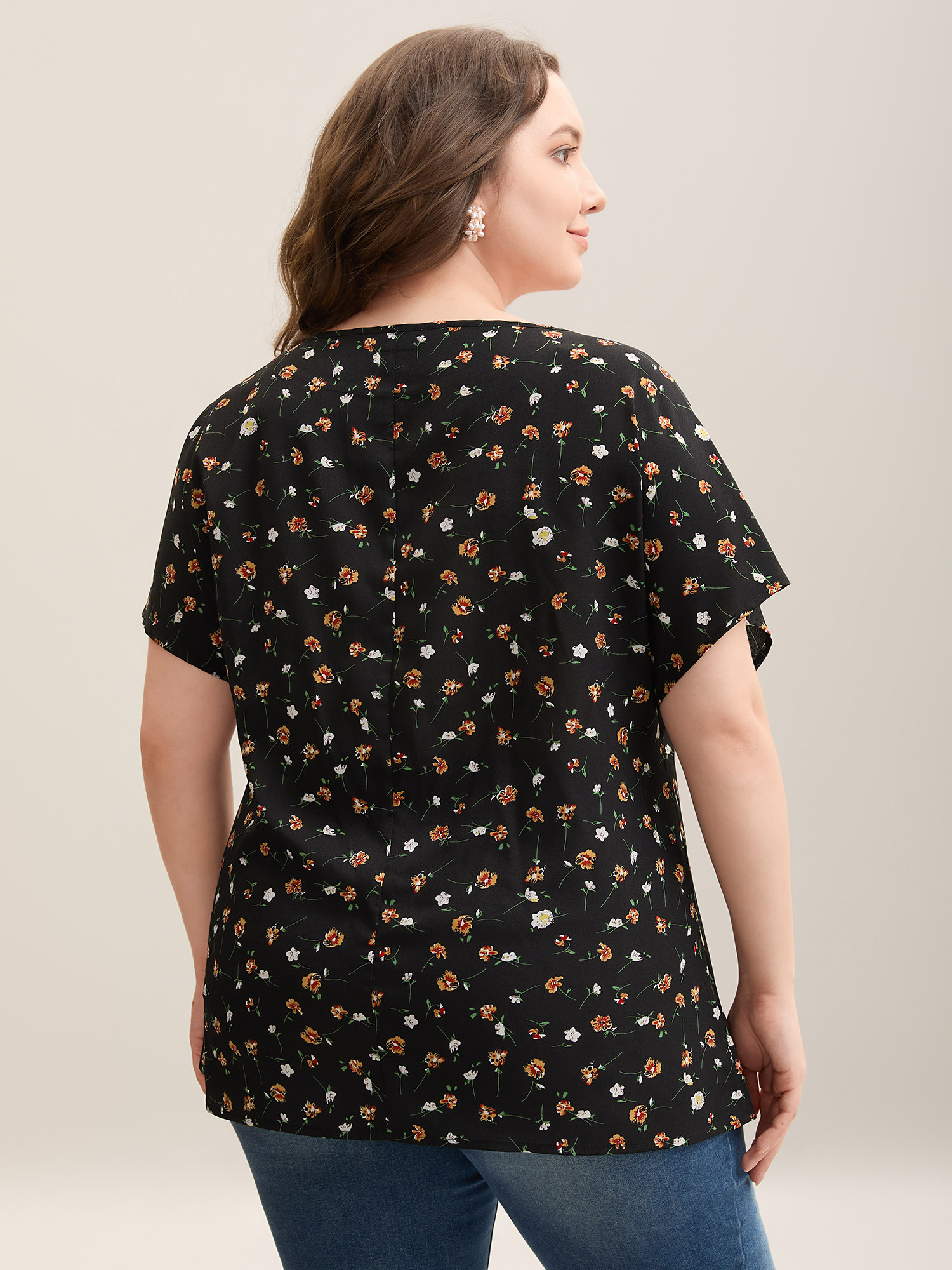 Plus Size Black Floral Print Boatneck Half Sleeve Blouse Women Elegant Short sleeve Boat Neck Everyday Blouses BloomChic 28/5X 