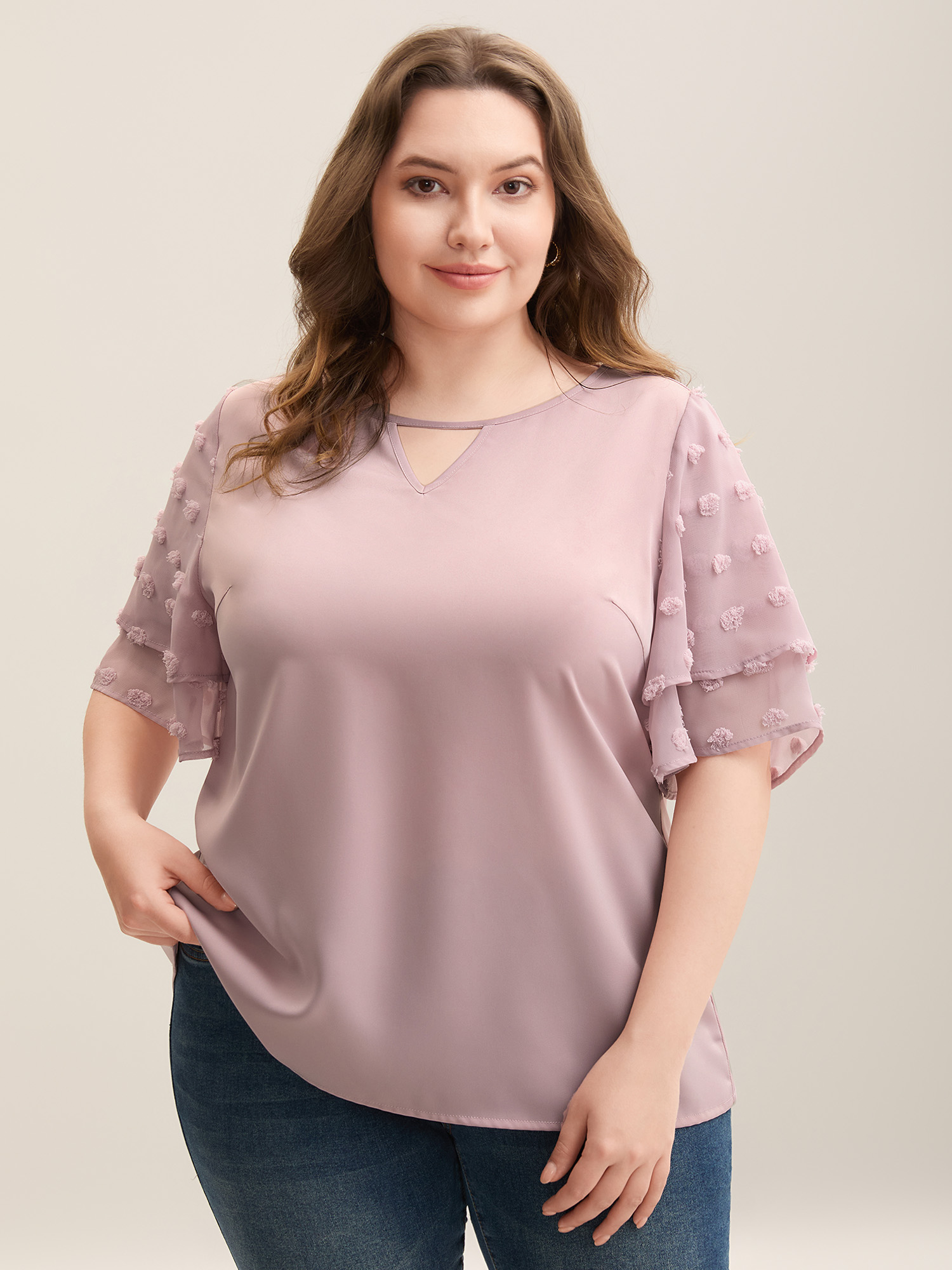 

Plus Size Dirtypink Textured Layered Ruffle Sleeve Keyhole Blouse Women Elegant Half Sleeve Round Neck Everyday Blouses BloomChic