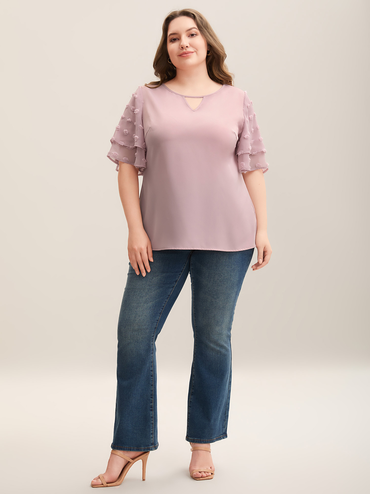 

Plus Size Dirtypink Textured Layered Ruffle Sleeve Keyhole Blouse Women Elegant Half Sleeve Round Neck Everyday Blouses BloomChic