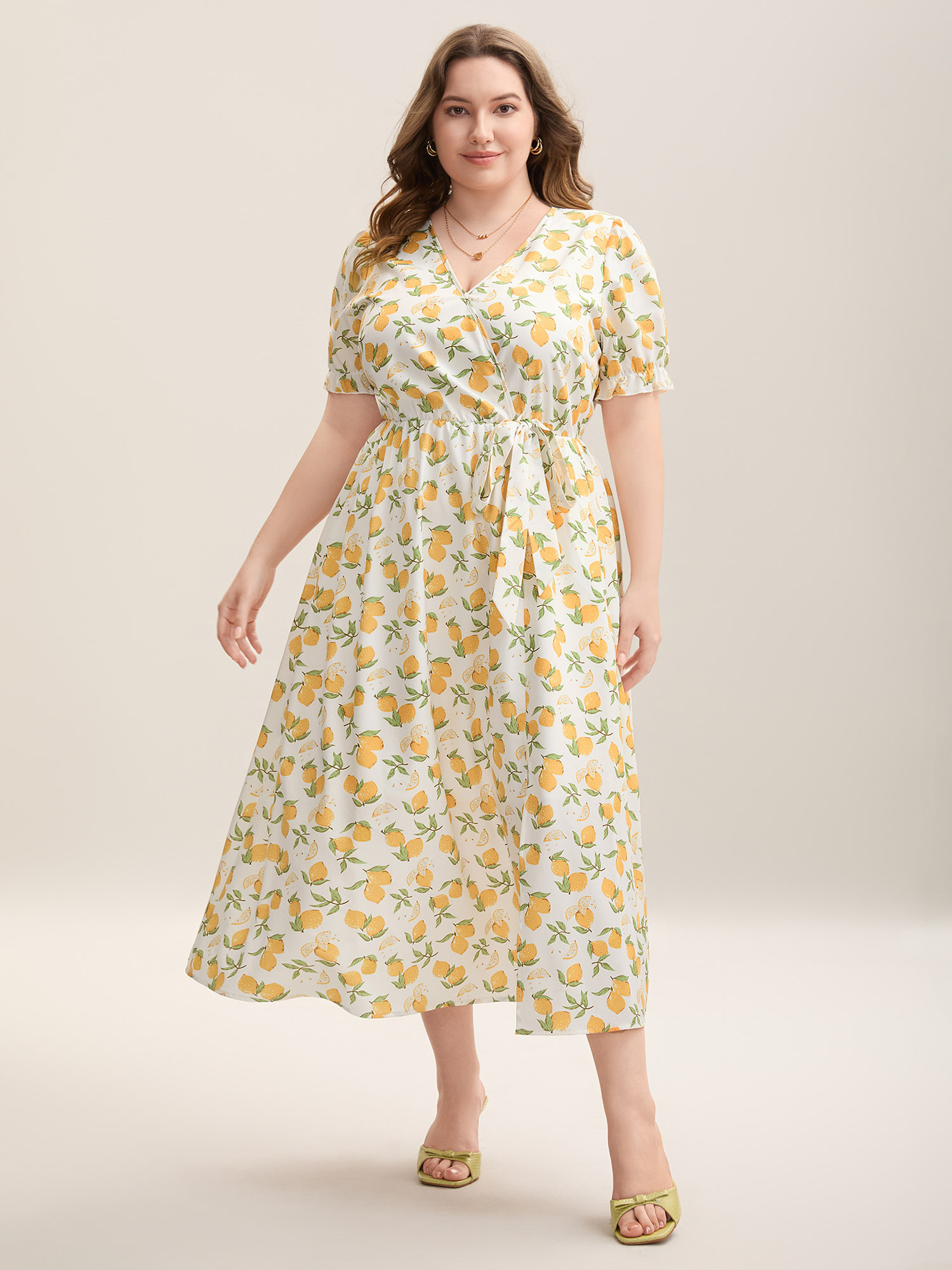 

Plus Size Lemon Print Surplice Stretchy Waist Midi Dress Ivory Women Elegant Overlapping Overlap Collar Short sleeve Curvy BloomChic