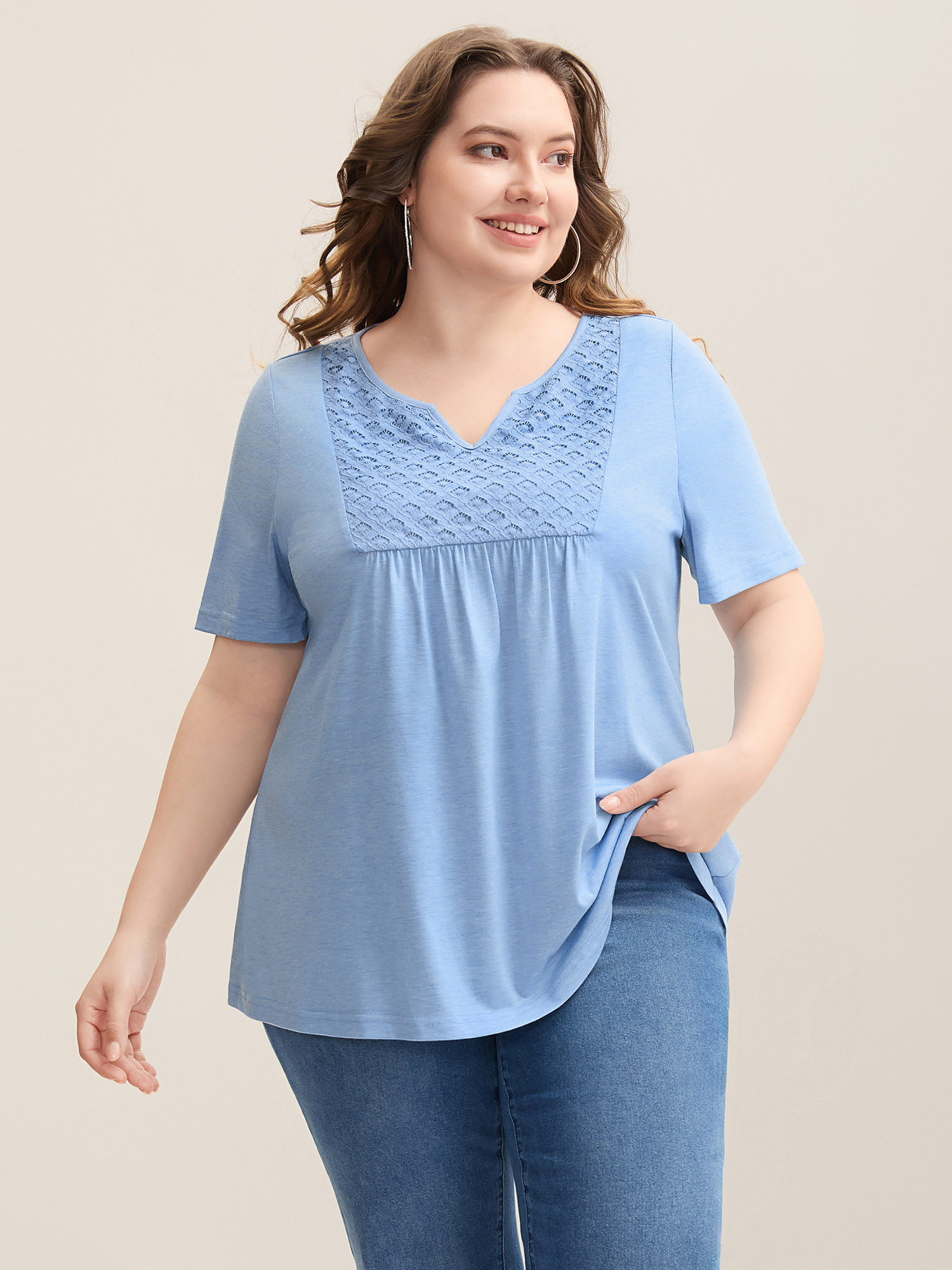 

Plus Size Lace Stretchy Heathered Solid Knit Top LightBlue Flat collar with V-notch Short sleeve Elegant Jersey Tops