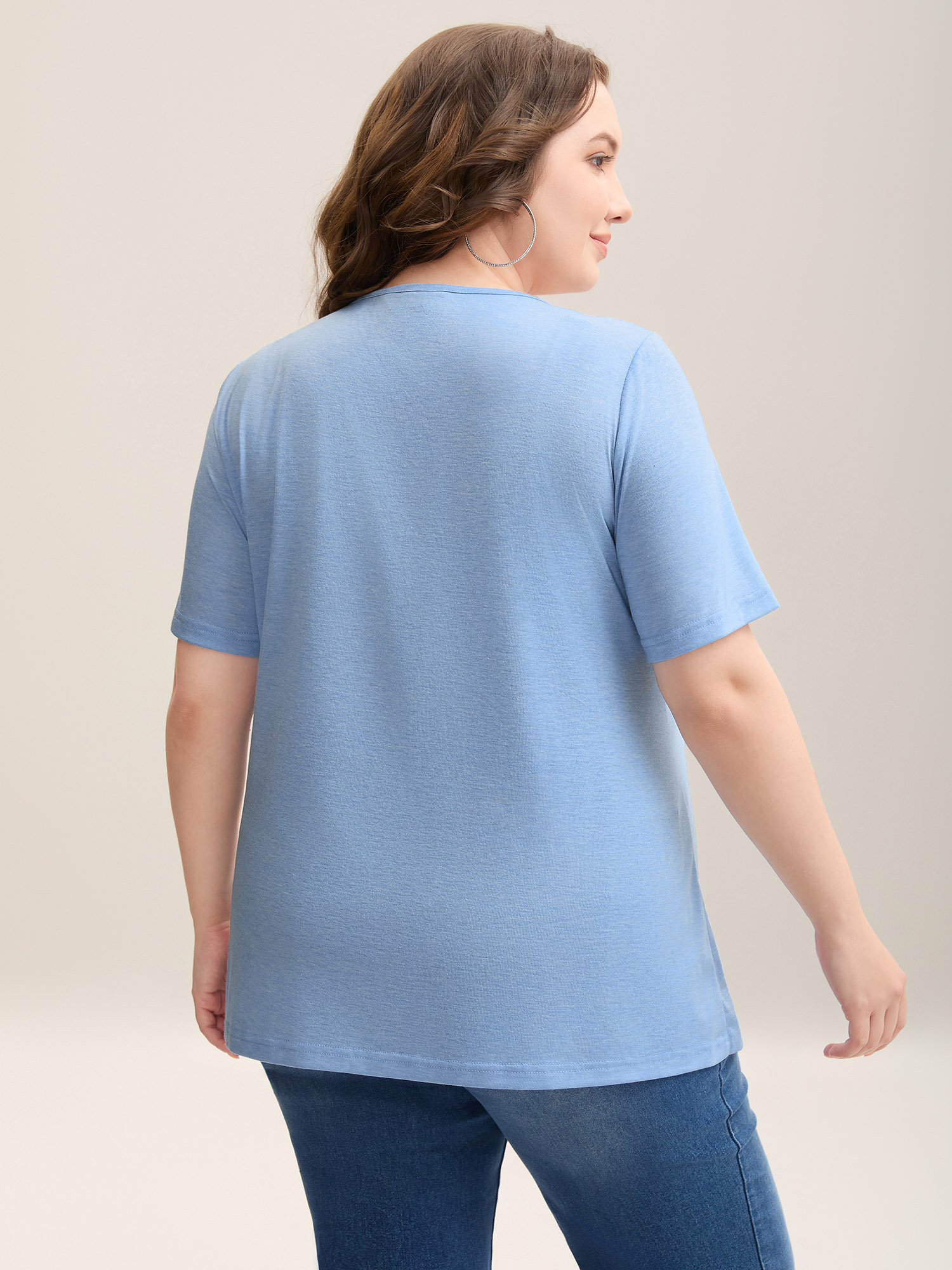 

Plus Size Lace Stretchy Heathered Solid Knit Top LightBlue Flat collar with V-notch Short sleeve Elegant Jersey Tops