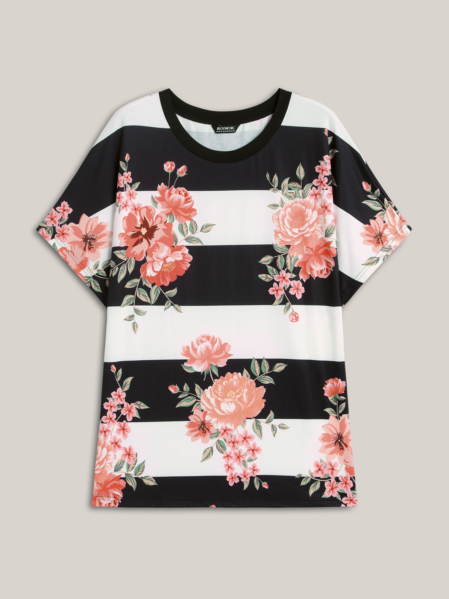 

Plus Size Floral Stripes Print Stretchy T-Shirt Multicolor Women Casual Contrast Natural Flowers Round Neck Everyday T-shirts BloomChic