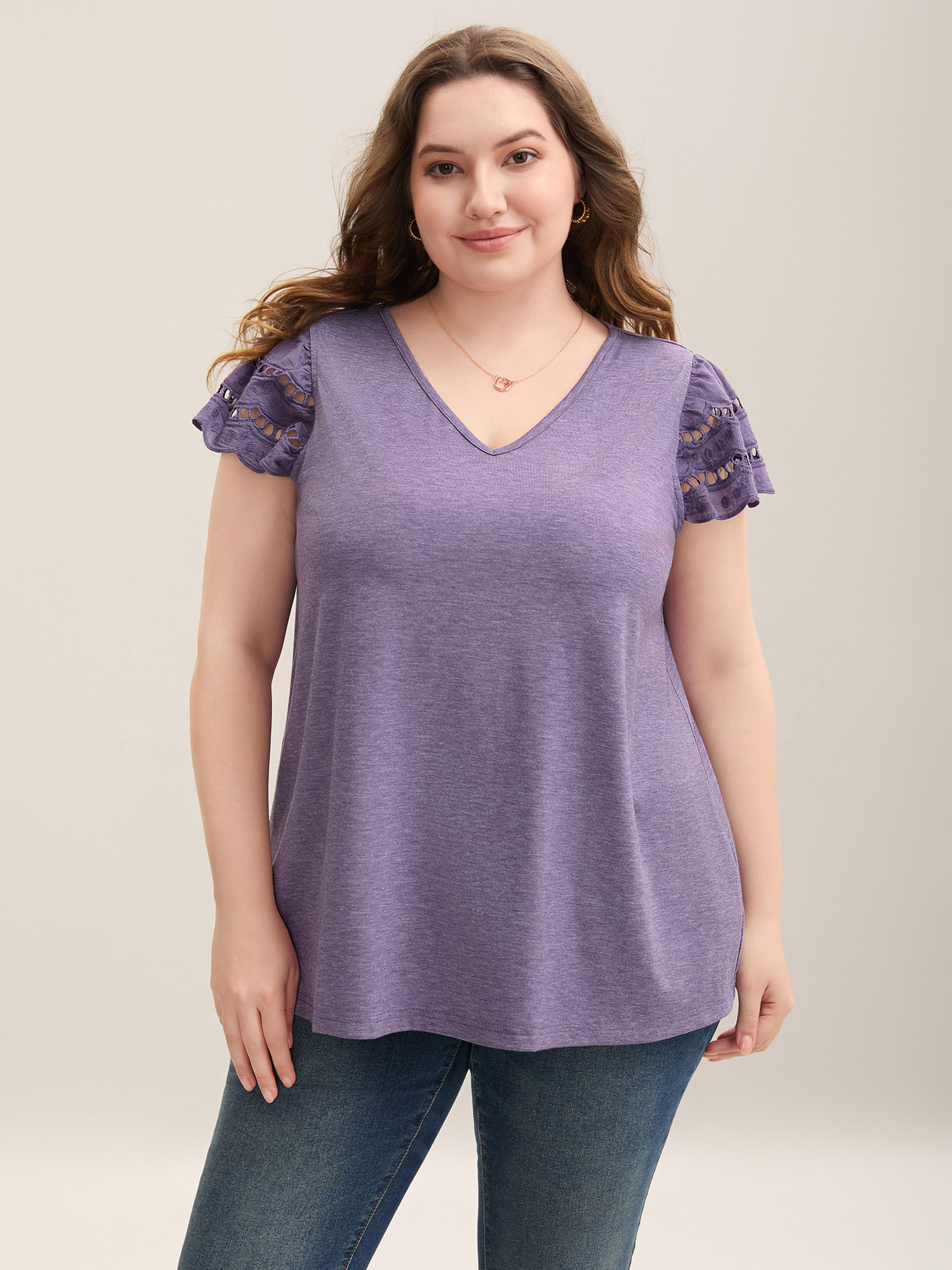 

Plus Size Cut-Out Sleeve Stretchy Spliced Plain Top Mauve V-neck Cap Sleeve Elegant Jersey Tops