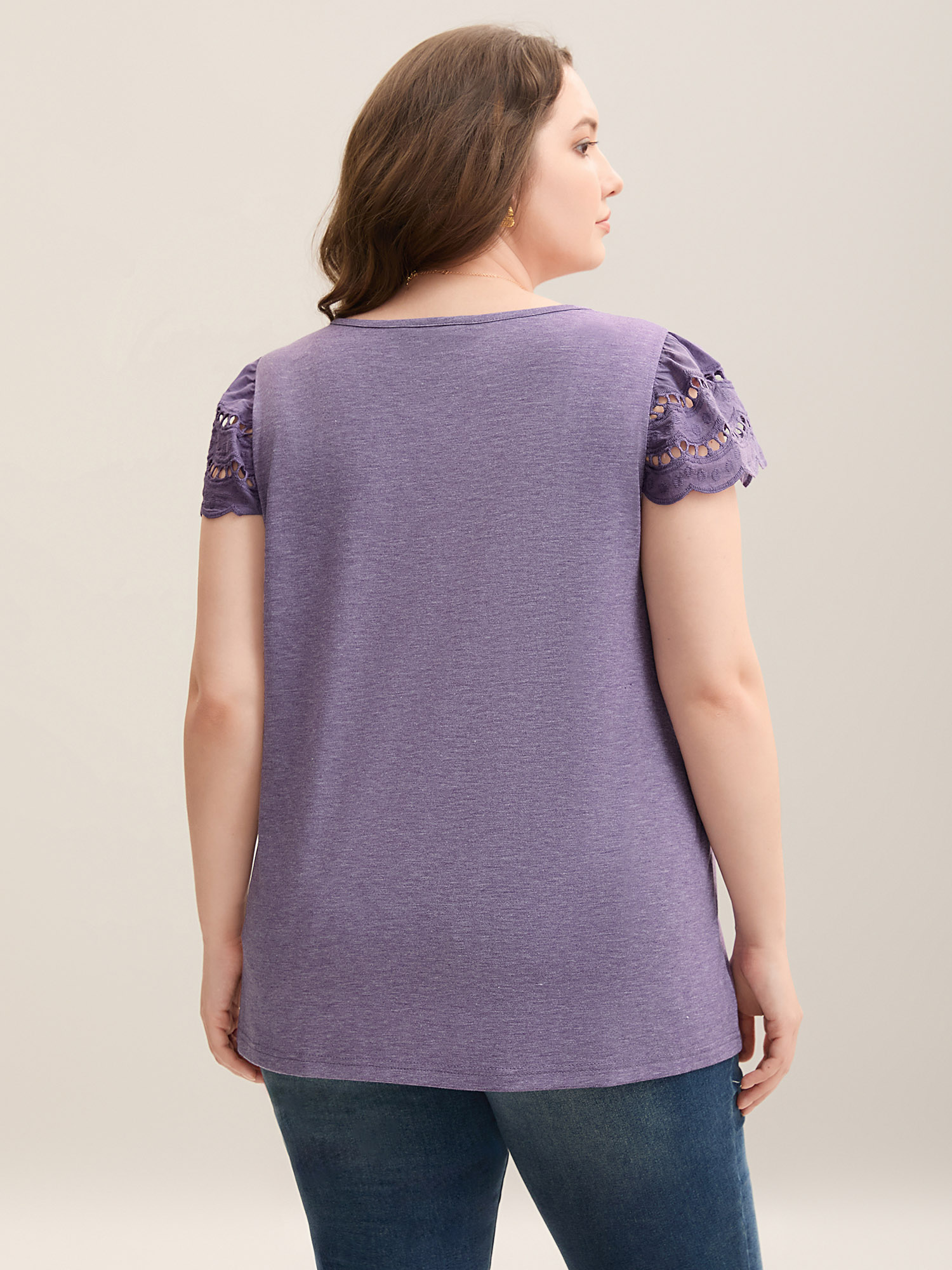 

Plus Size Cut-Out Sleeve Stretchy Spliced Plain Top Mauve V-neck Cap Sleeve Elegant Jersey Tops