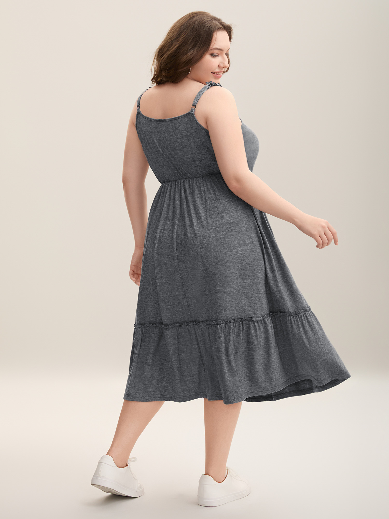 

Plus Size Supersoft Heathered Ruched Straps Midi Dress DimGray Women Casual Frill Trim Knit Dresses Bloomchic