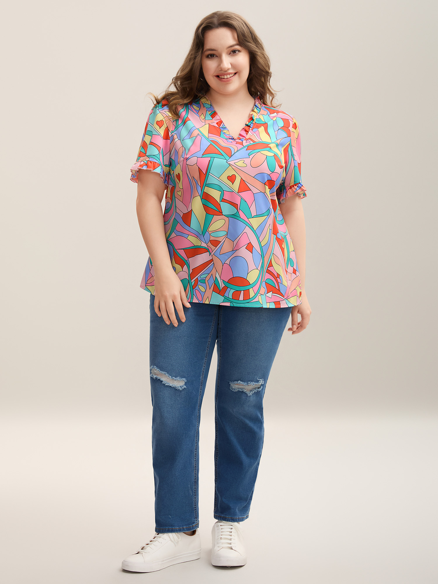 Plus Size Multicolor Abstract Pattern Petal Trim V-Neck Blouse Women Casual Short sleeve V-neck Everyday Blouses BloomChic 14-16/1X 