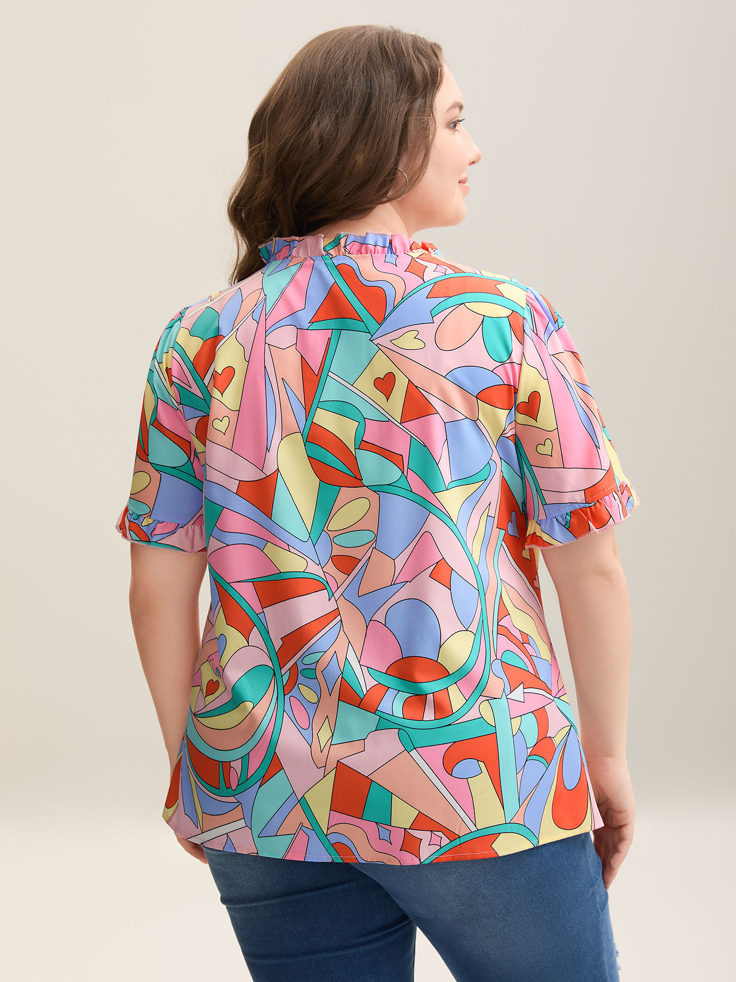 Plus Size Multicolor Abstract Pattern Petal Trim V-Neck Blouse Women Casual Short sleeve V-neck Everyday Blouses BloomChic 14-16/1X 