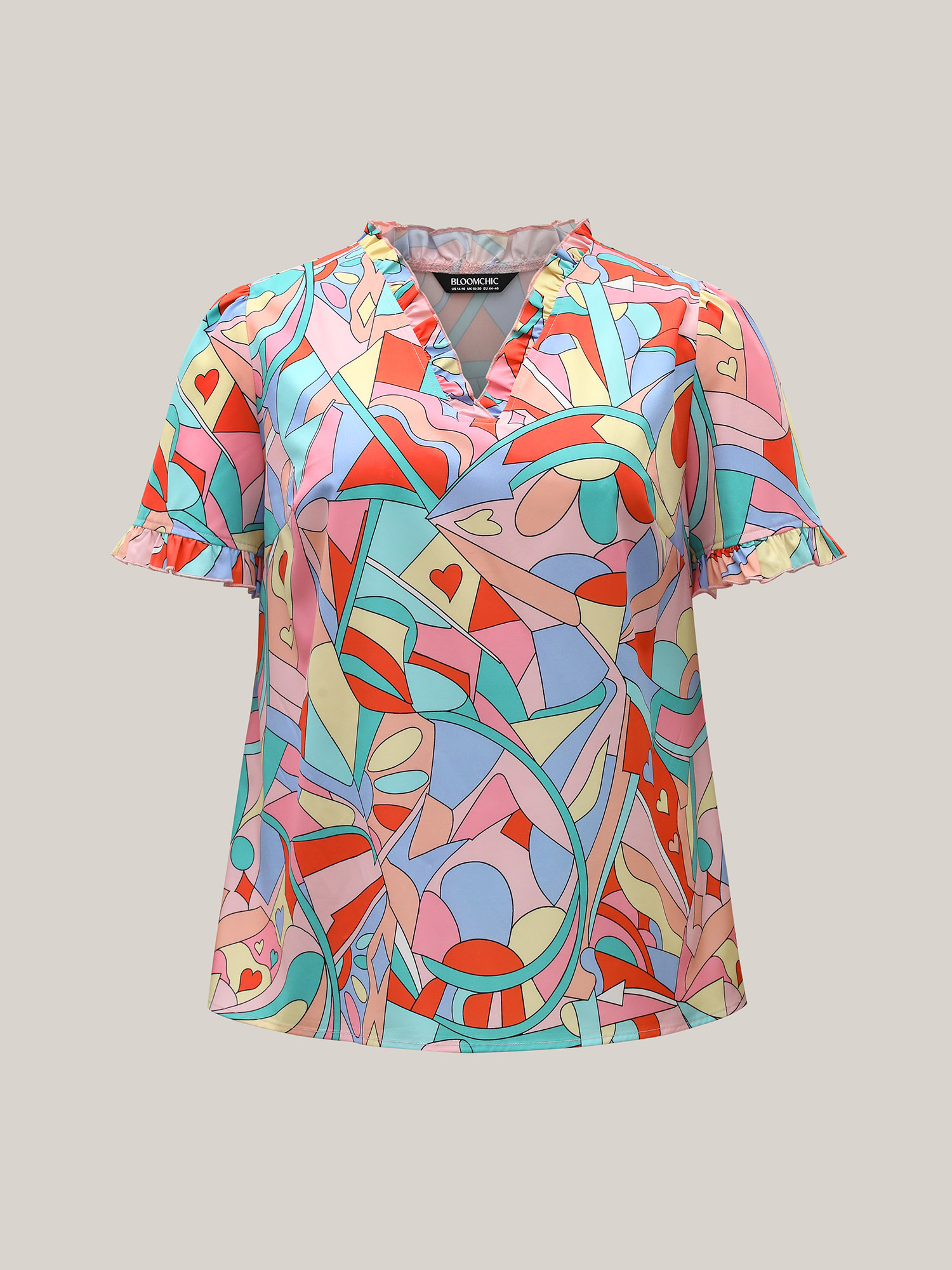 Plus Size Multicolor Abstract Pattern Petal Trim V-Neck Blouse Women Casual Short sleeve V-neck Everyday Blouses BloomChic 14-16/1X 