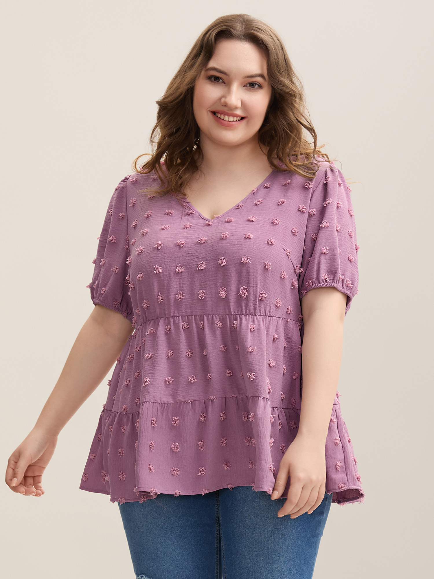 

Plus Size Mauve Textured Puff Sleeve Tiered Blouse Women Casual Short sleeve V-neck Everyday Blouses BloomChic