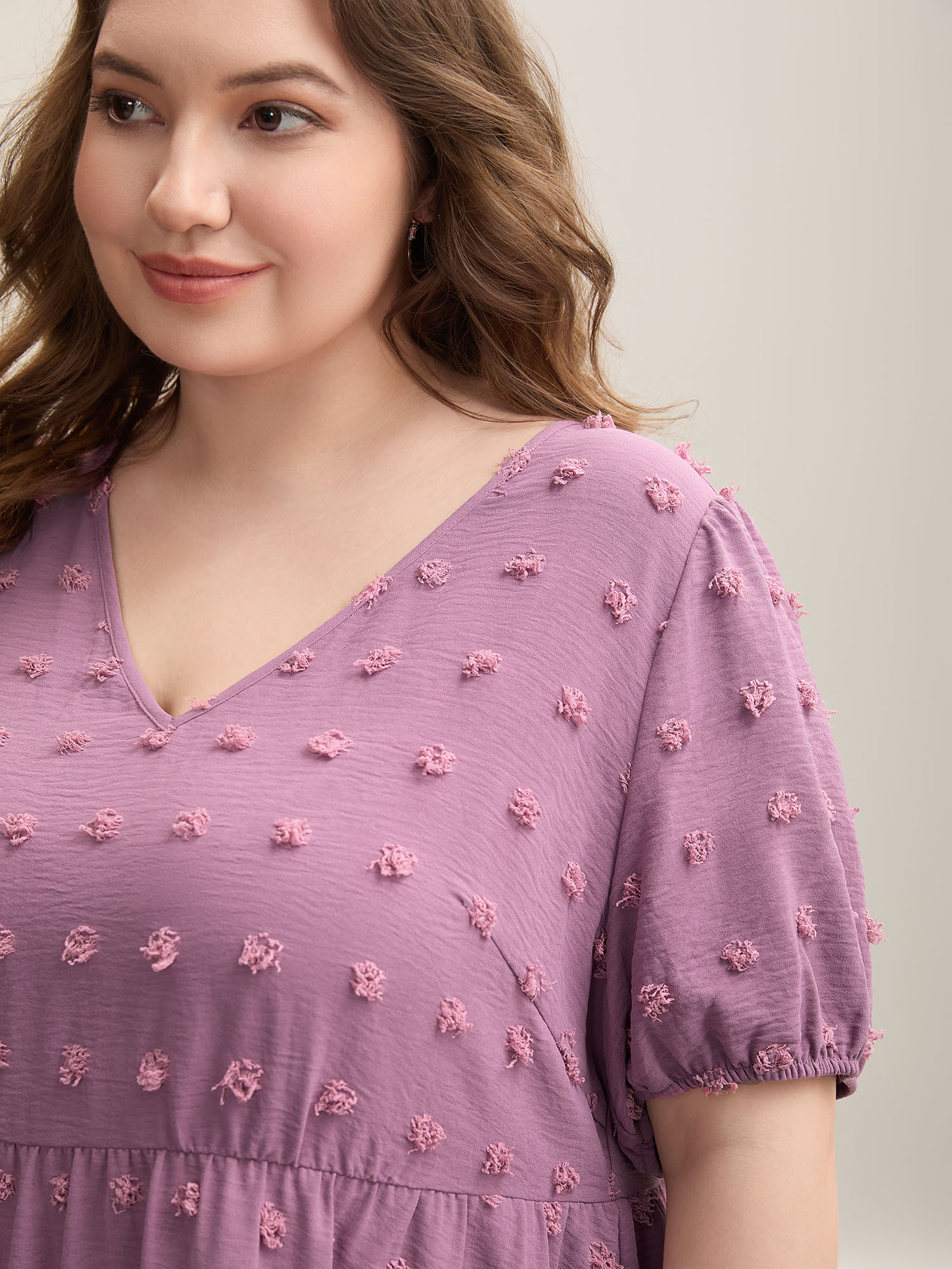 Plus Size Mauve Textured Puff Sleeve Tiered Blouse Women Casual Short sleeve V-neck Everyday Blouses BloomChic 28/5X 