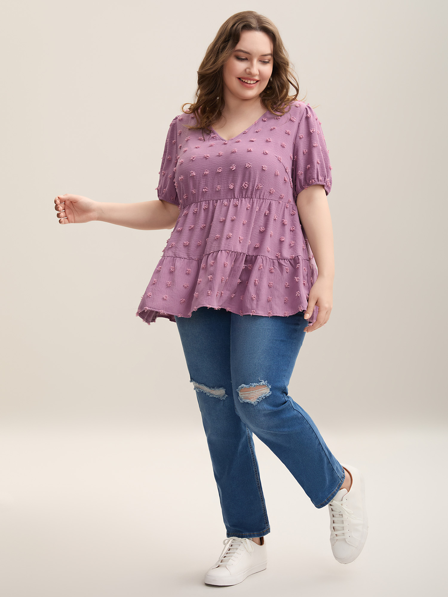 Plus Size Mauve Textured Puff Sleeve Tiered Blouse Women Casual Short sleeve V-neck Everyday Blouses BloomChic 28/5X 