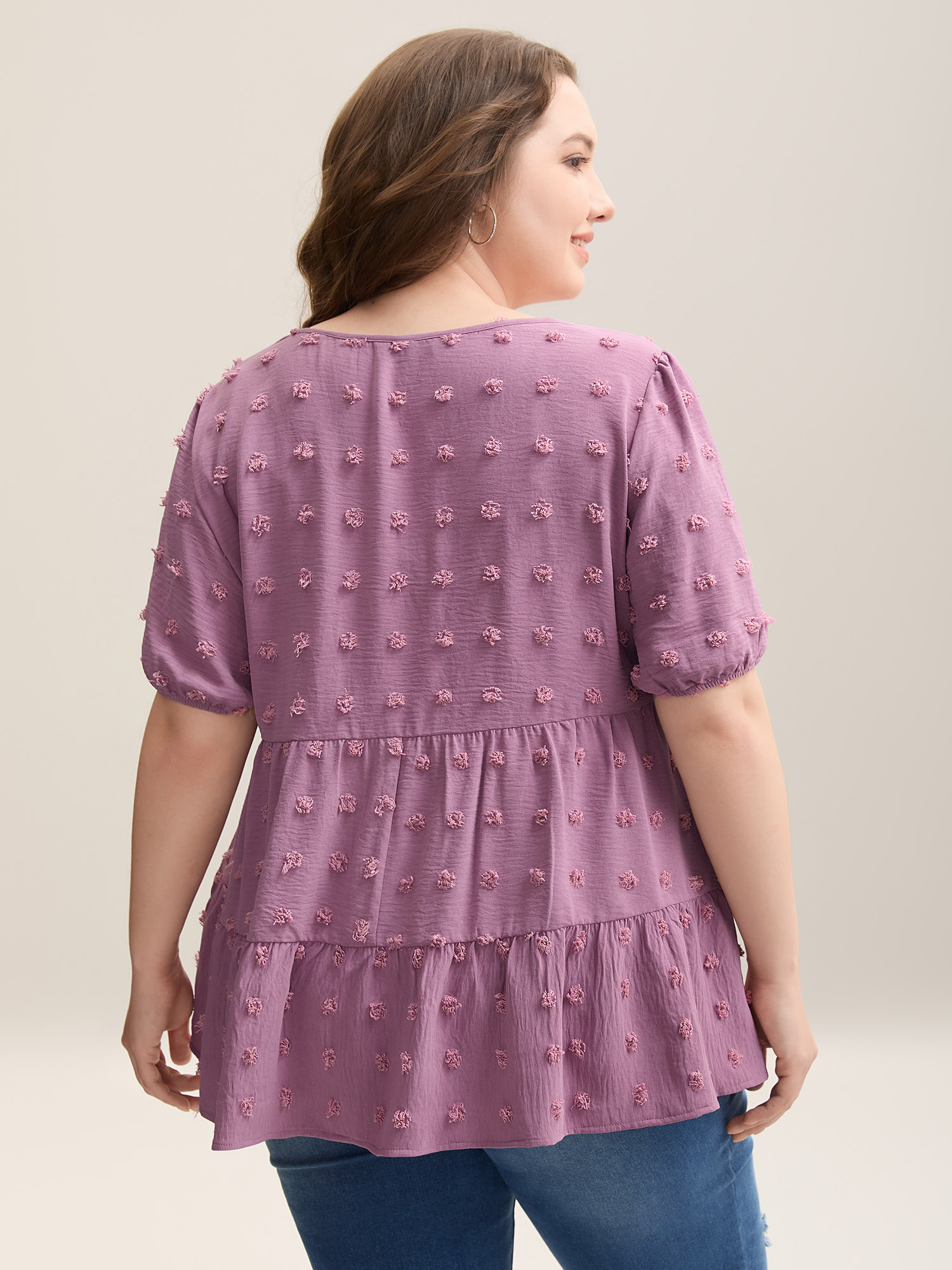 Plus Size Mauve Textured Puff Sleeve Tiered Blouse Women Casual Short sleeve V-neck Everyday Blouses BloomChic 28/5X 